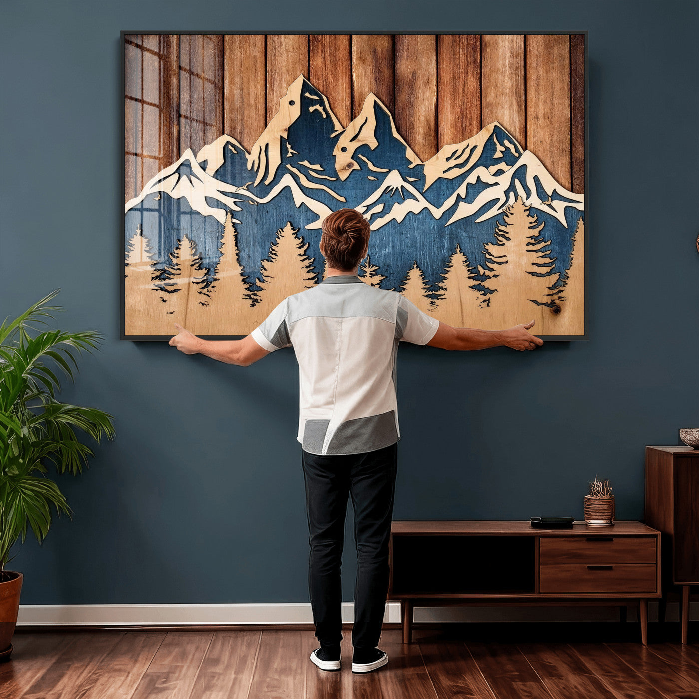 41330-MGV-CV-36X24 - Rustic Wood Style Mountain Wall Art, Nature Forest Canvas Print, Wooden Textured Mountain Artwork Print