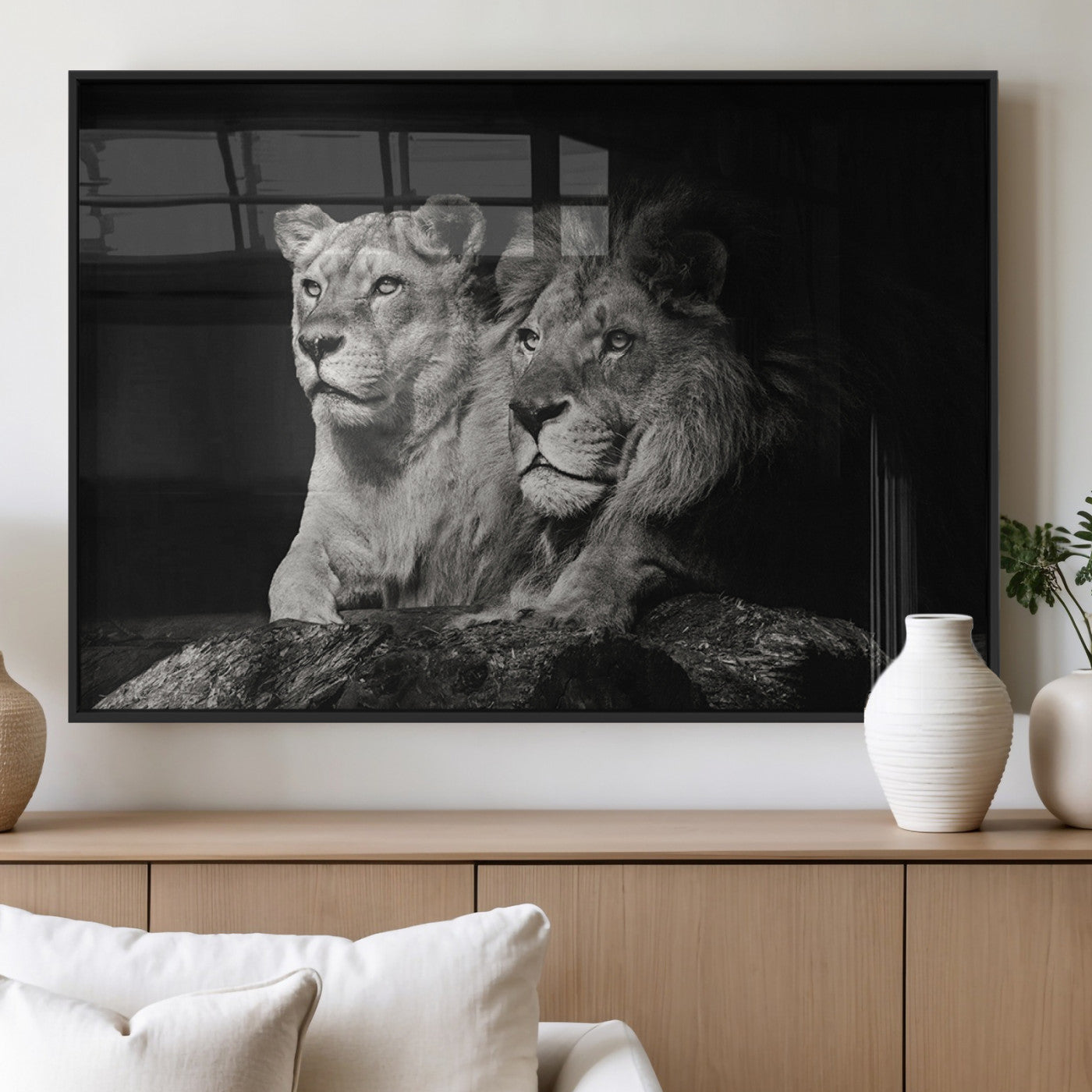 MGV-FP-36X24-3P - Lion Couple Canvas Wall Art Print – Elegant Wildlife Portrait in Black and White Lion Family – Ready