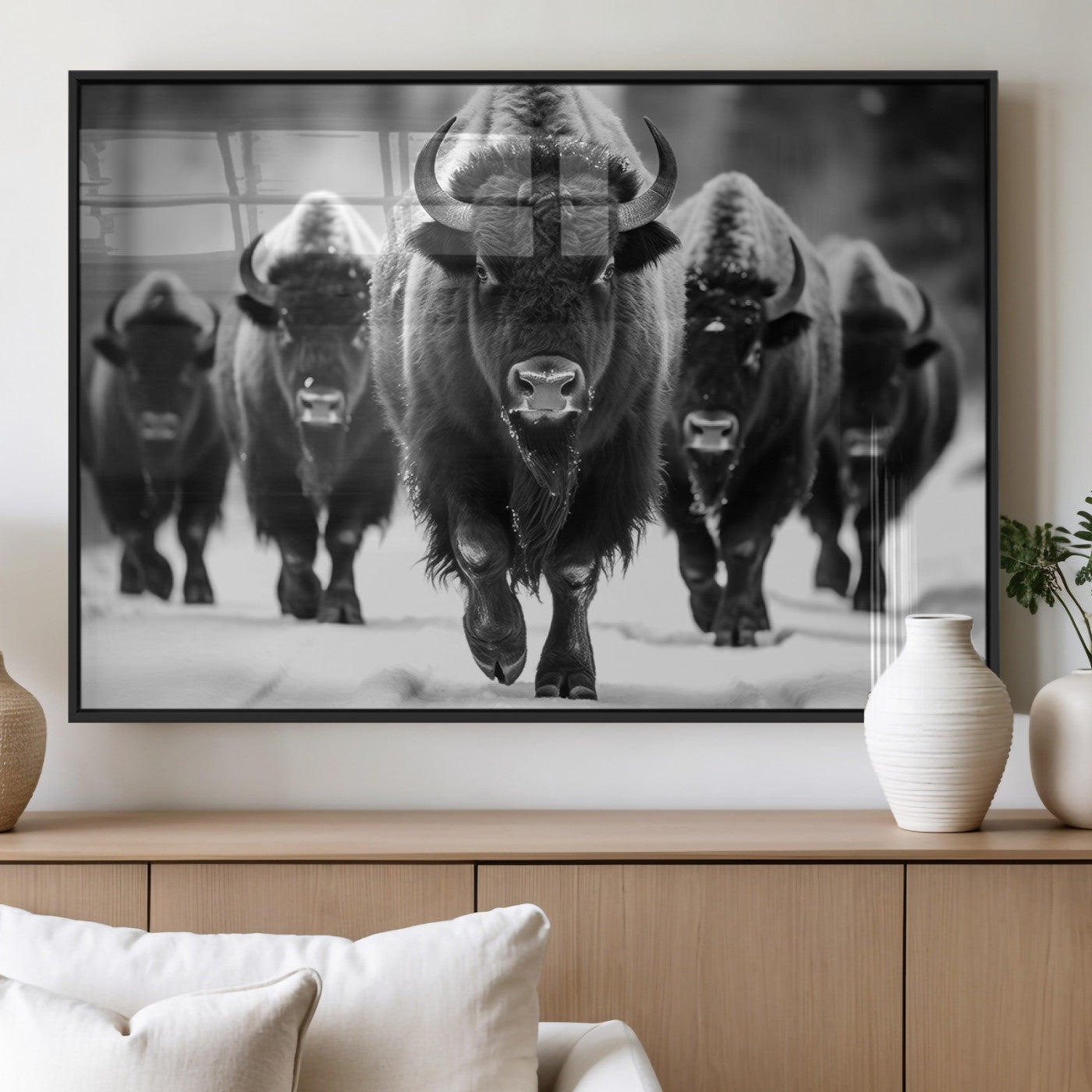 MGV-FP-36X24-3P - American Bison Art | Buffalo Herd Wall Art Canvas Print, BW American Bison Herd Wall Art Canvas