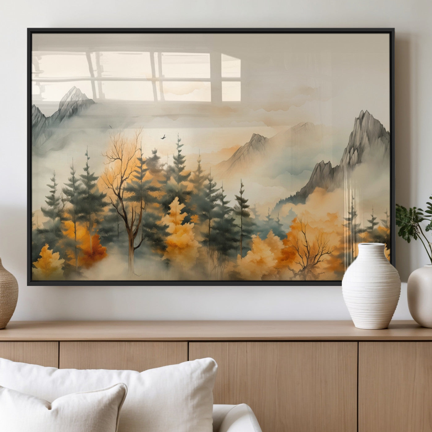 MGV-FP-36X24-3P - Abstract Watercolor Mountains and Trees Autumn Art, Watercolor Mountains and Trees Canvas Print