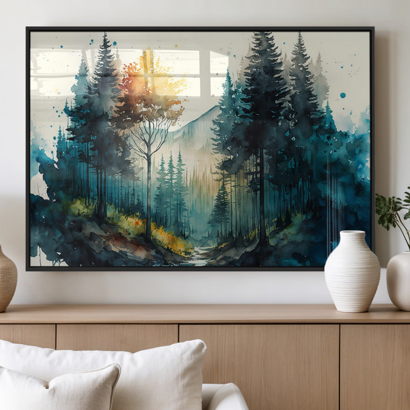 96186-MGV-FP-36X24-3P_Black-Watercolor Trees Forest Abstract Wall Art Canvas Print, Framed Watercolor Trees Wall Art