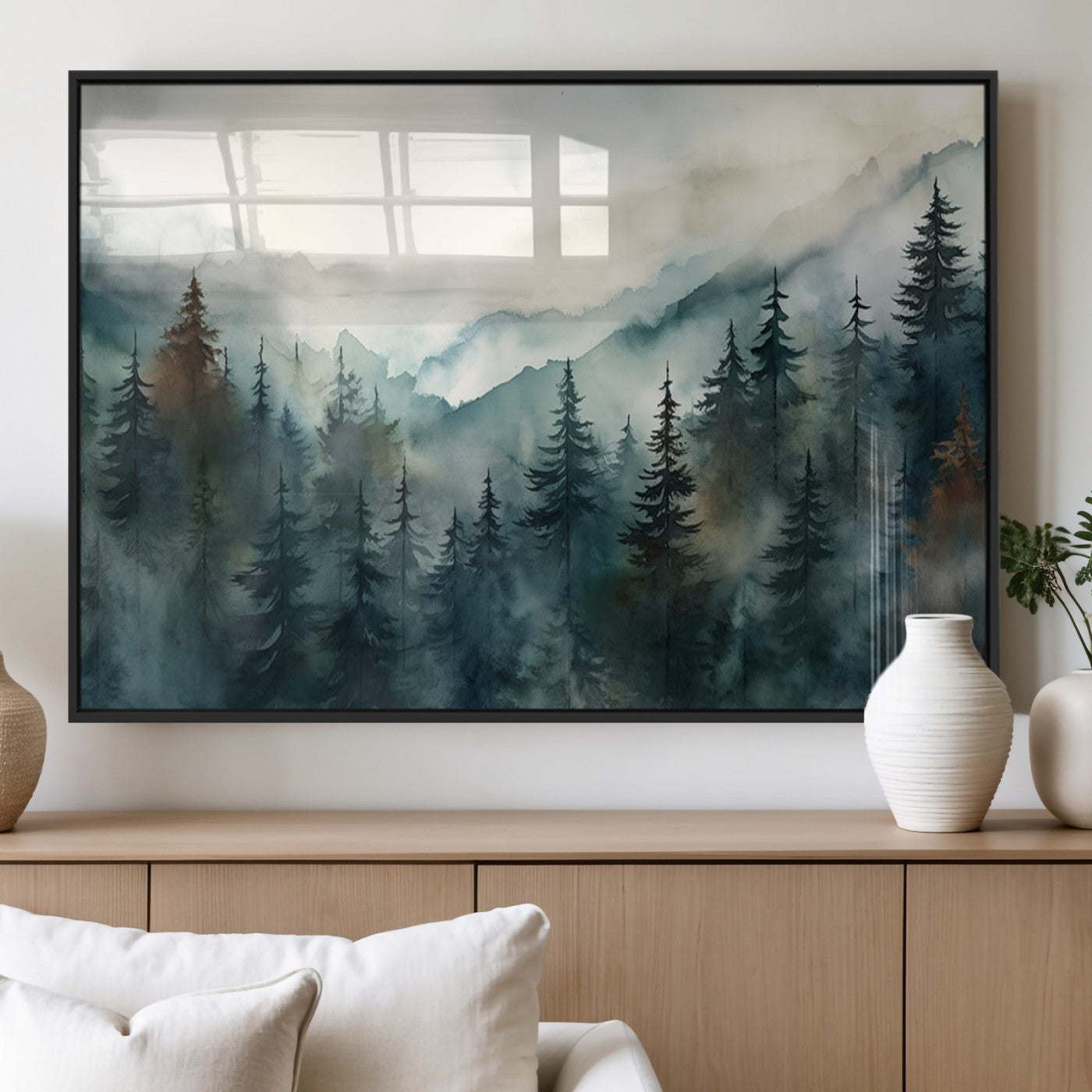 48468-MGV-FP-60X30-3P_Black-Serenity Forest Wall Art Canvas | Foggy Mountain Landscape Canvas Print for Living Room or Office | Nature-Inspired Woodland Decor