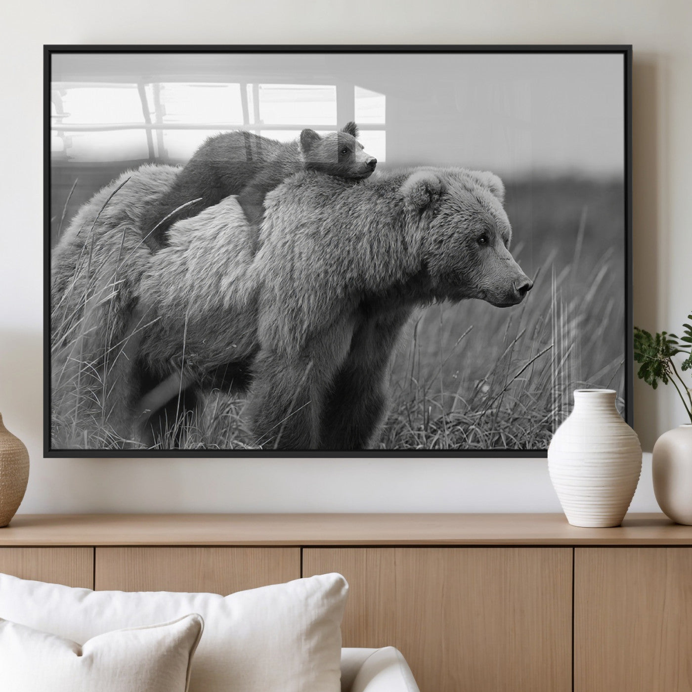76338-MGV-FP-36X24-3P_Black-Bear and Cub Wall Art Canvas | 399 Bear Cub Wildlife-Inspired Animal Art for Living Room or Office |