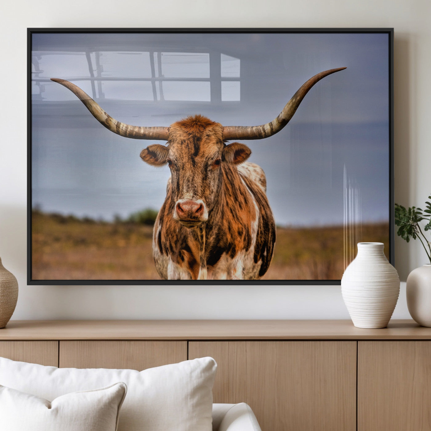18594-MGV-FP-36X24-3P_Black-Texas Longhorn Wall Art Print, Framed Longhorn Cow Wall Art