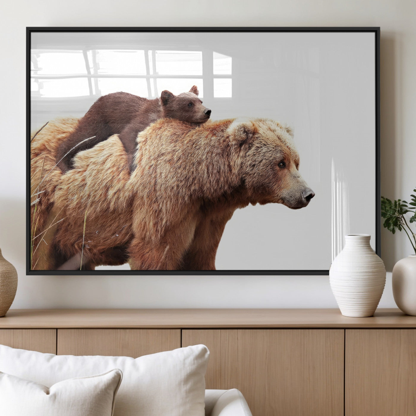 76943-MGV-FP-36X24-3P_Black-Mother and Baby Bear Canvas Wall Art - Adorable Wildlife Animal Print, Cozy Rustic Decor for Living