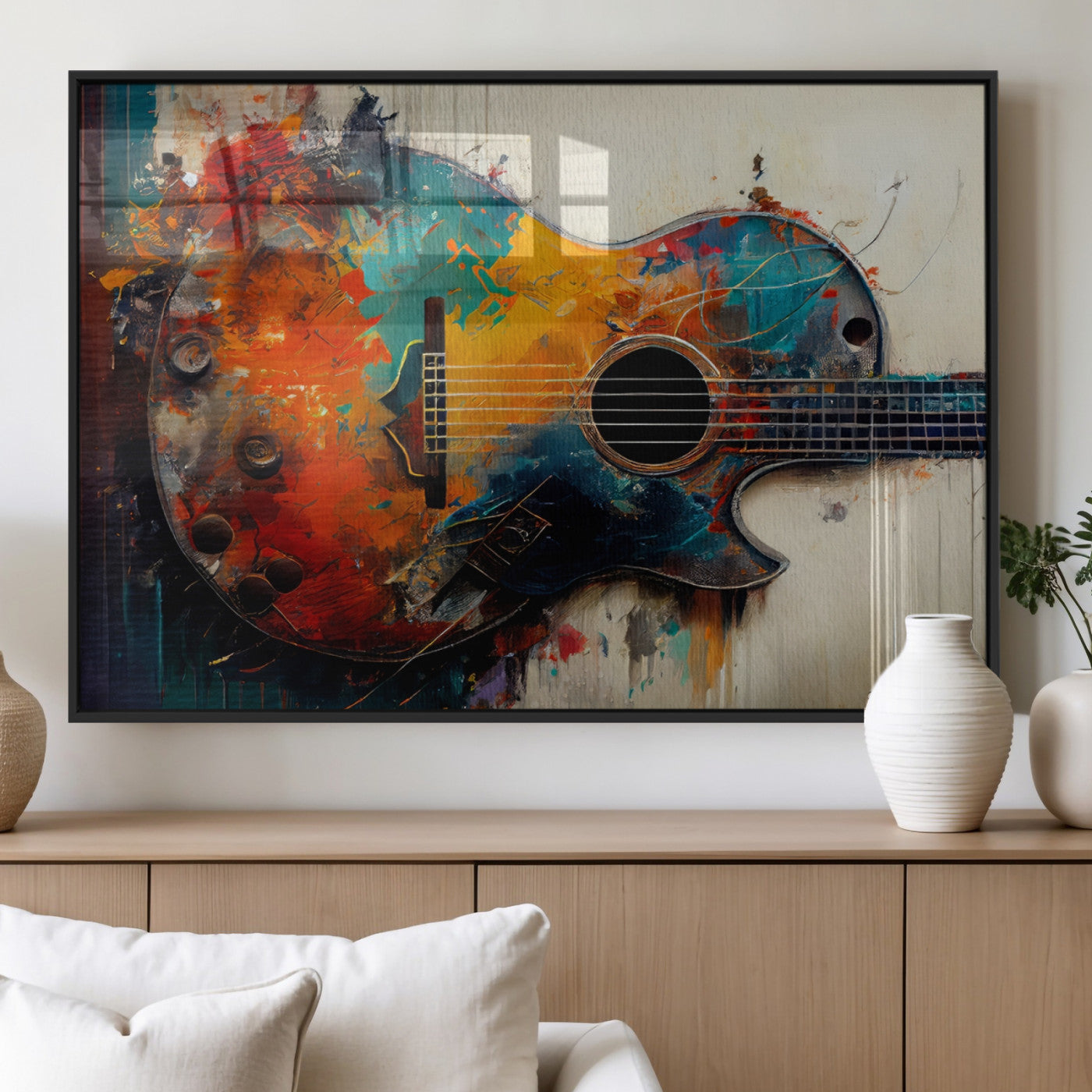 MGV-FP-36X24-3P - Abstract Guitar Wall Art Canvas | Vibrant Music-Inspired Art for Living Room or Studio | Colorful