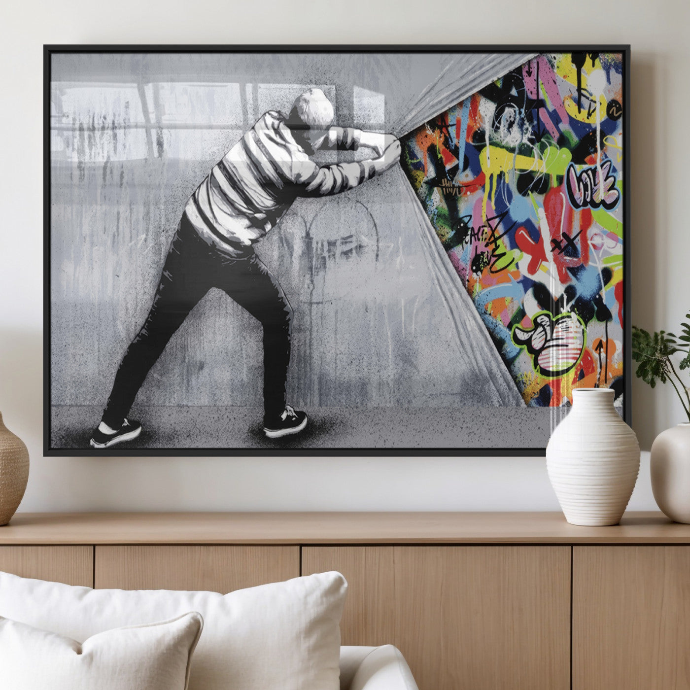MGV-FP-36X24-3P - Banksy Art Behind the Curtain Street Wall Art Canvas Print | 3-Panel Urban Graffiti-Inspired Wall