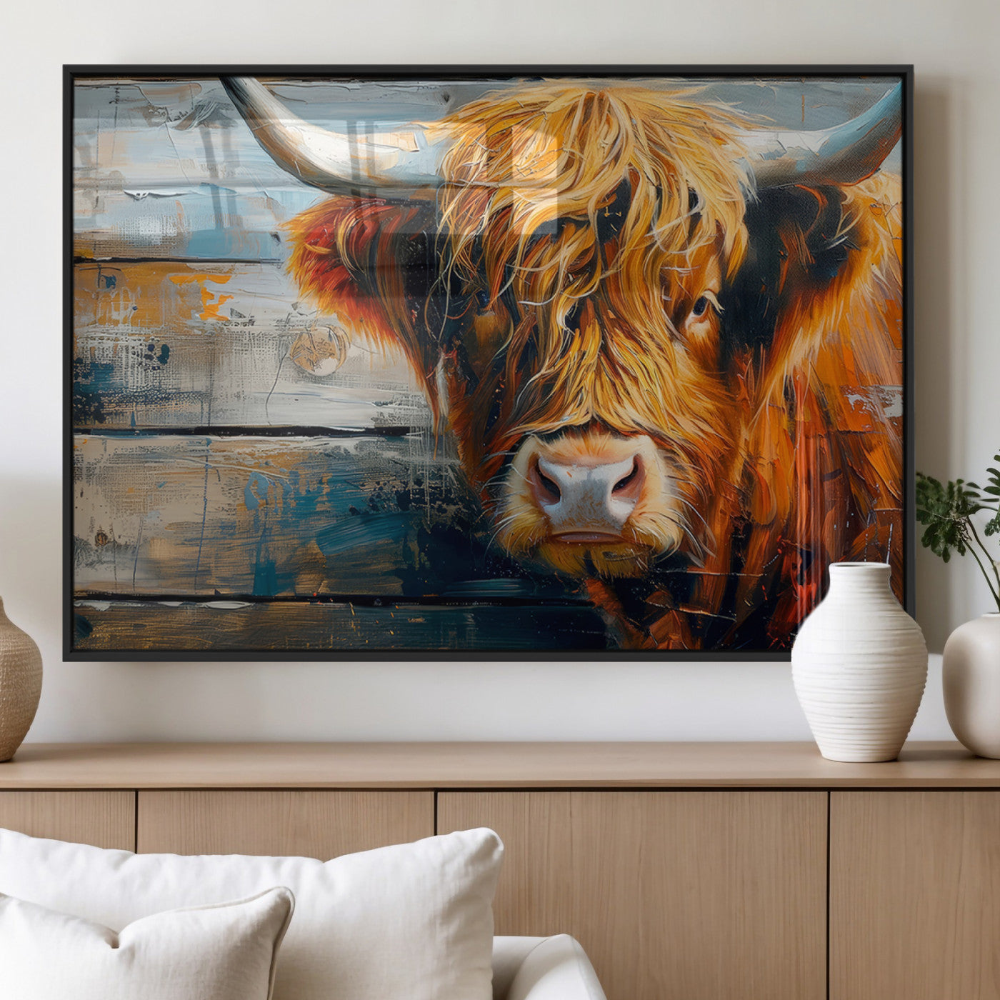 92312-MGV-FP-36X24-3P_Black-Highland Cow Abstract Canvas Wall Art – Bold Farmhouse Rustic Decor – Ready to Hang