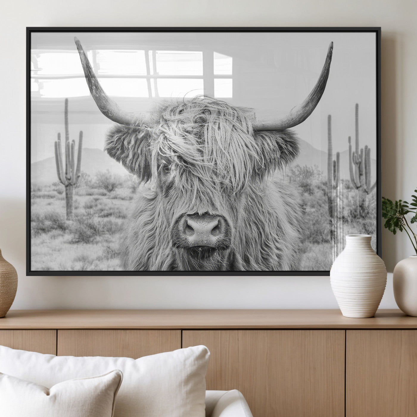 94579-MGV-FP-36X24-3P_Black-Rustic Charm | Cow Longhorn Black White Bighorn Wall Art Canvas Print | Farmhouse Wall Art