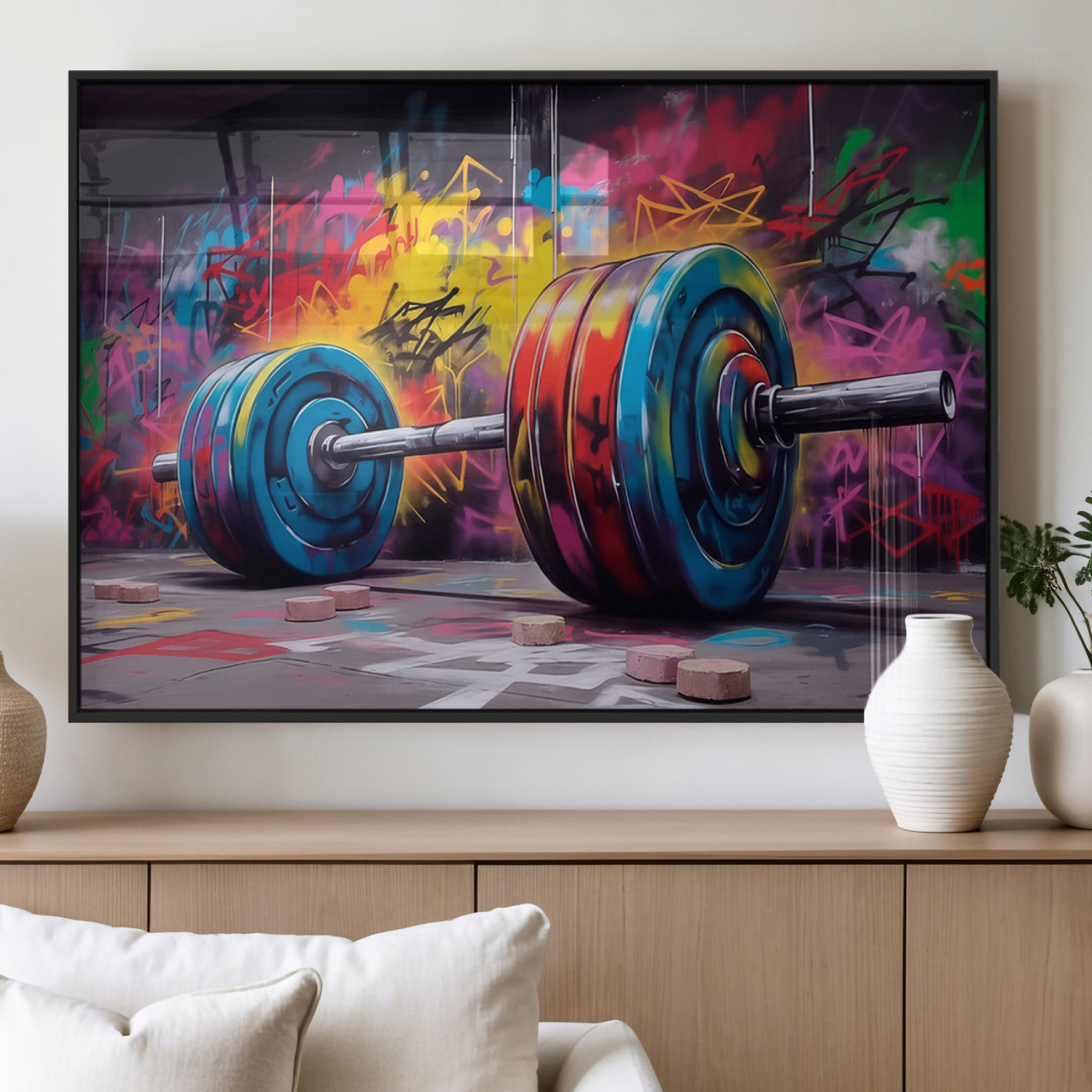 MGV-FP-36X24-3P - Abstract Graffiti Barbell Canvas Wall Art – Urban Fitness Meets Bold Street Art Print - Gym Wall Art Print