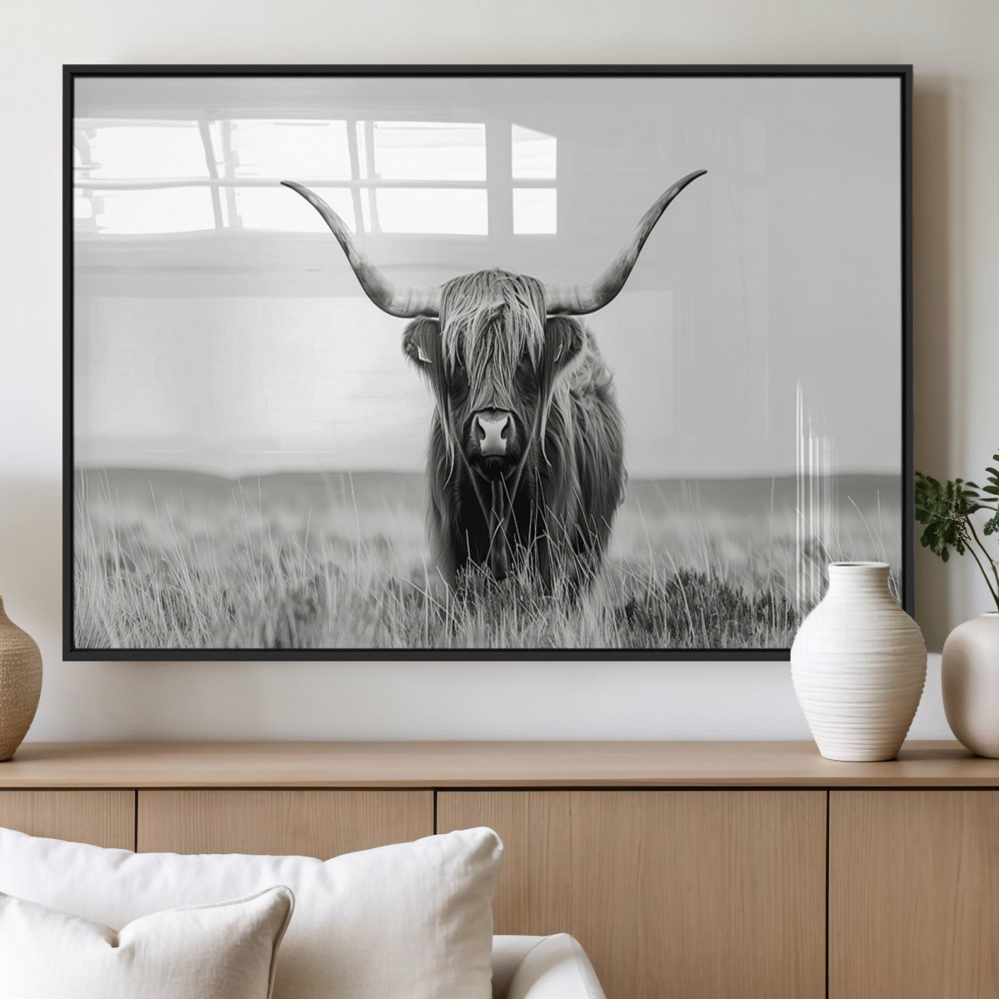 MGV-FP-36X24-3P - Highland Cow Canvas Wall Art – Majestic Beauty in Black and White