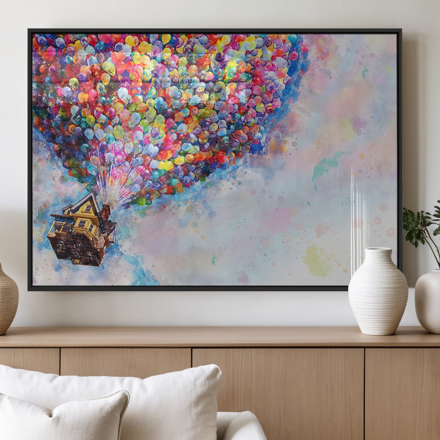 MGV-FP-36X24-3P - Don't Look Up Movie Canvas Wall Art - Vibrant Floating House and Balloons Scene, Tribute to Iconic