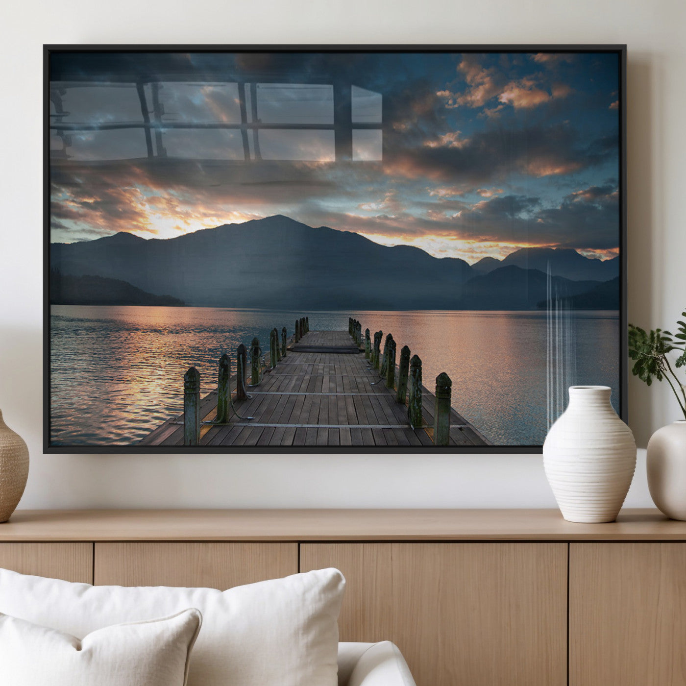 MGV-FP-36X24-3P - Mountain Lake Wood Pier Canvas Wall Art Nature Lake Print