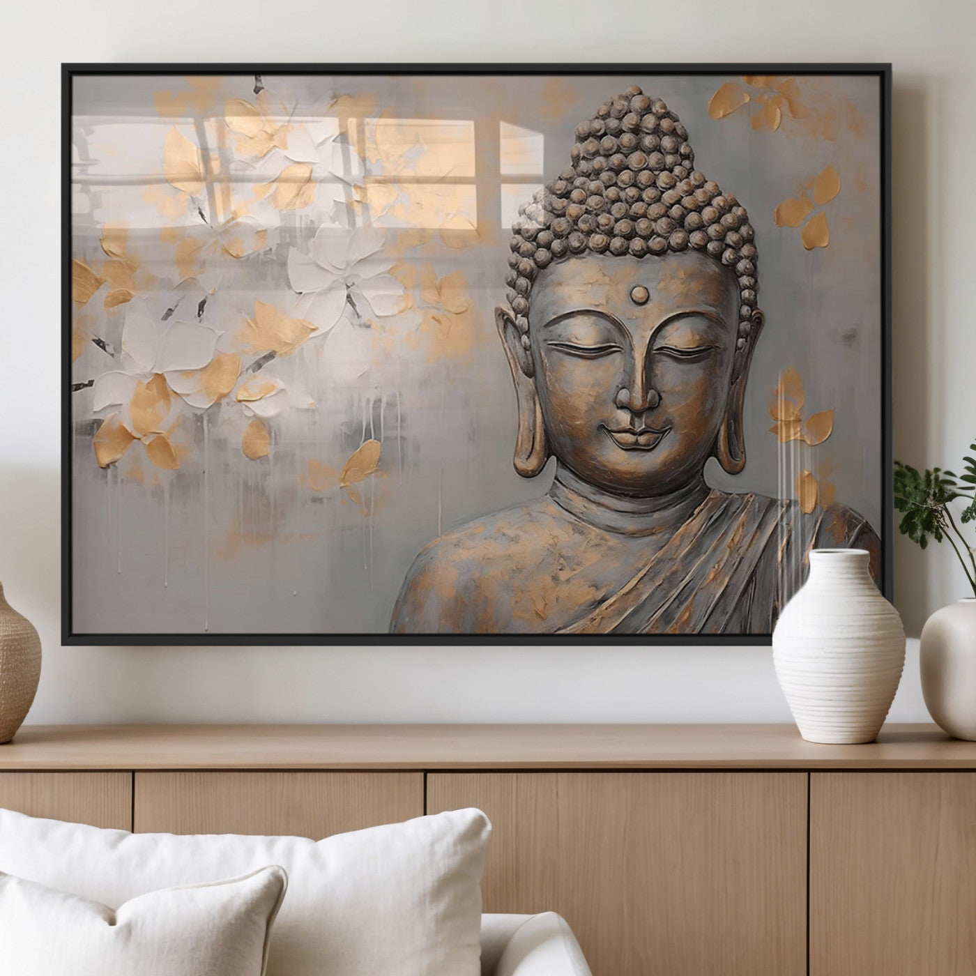 MGV-FP-36X24-3P - Abstract Buddha Statue Wall Art Canvas Print - Modern Meditation Decor for Living Room, Office, Yoga