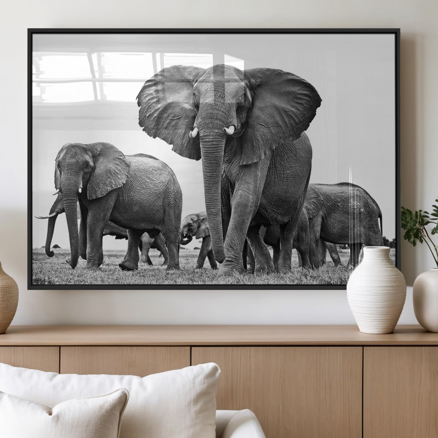 91685-MGV-FP-36X24-3P_Black-Black White Elephant Family Wall Art Canvas Print