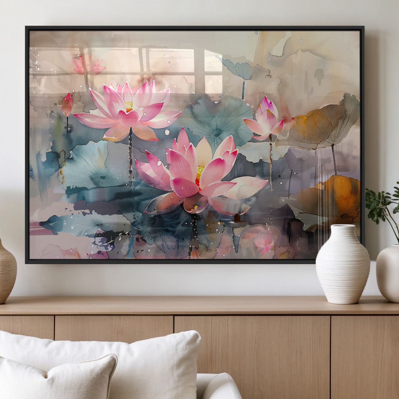 MGV-FP-36X24-3P - Lotus Flower Wall Art | 3-Panel Giclee Canvas Print of Pink Lotus Blossoms for Living Room, Bedroom,