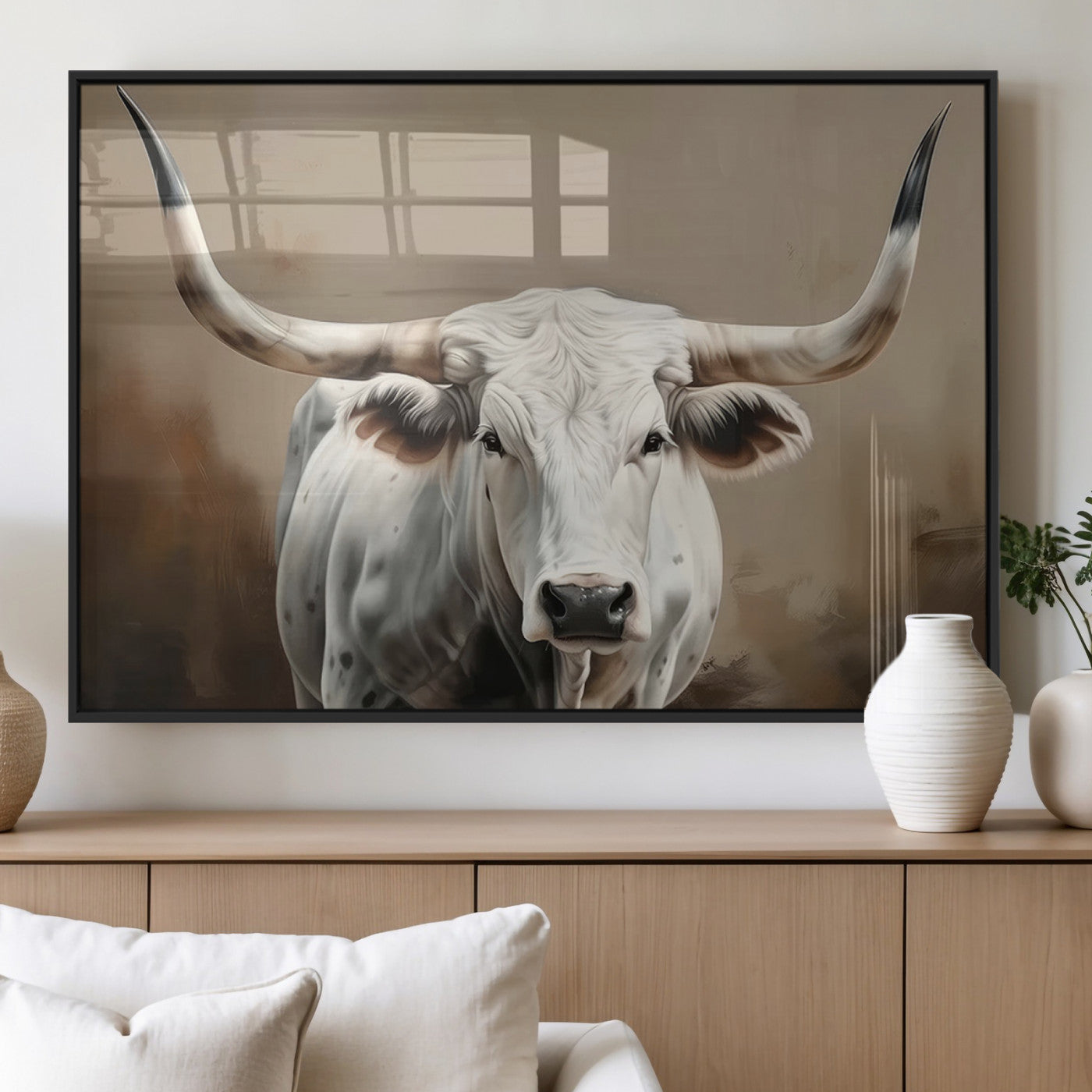 61423-MGV-FP-36X24-3P_Black-White Longhorn Bull Wall Art Canvas Print – Framed and Ready to Hang – Perfect for Farmhouse and