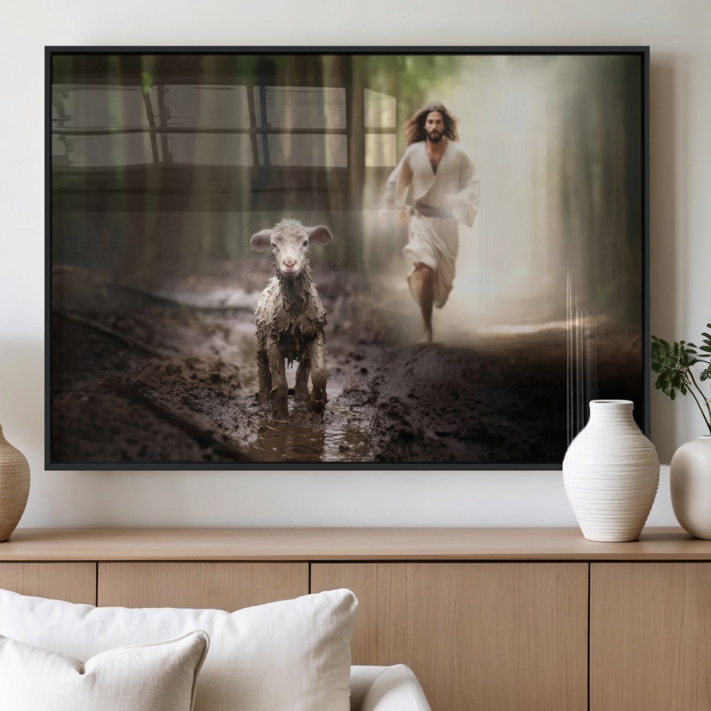 MGV-FP-36X24-3P - Jesus Canvas Wall Art - Jesus Running After Lost Lamb, Jesus, Christian Home Decor - Church Wall Art