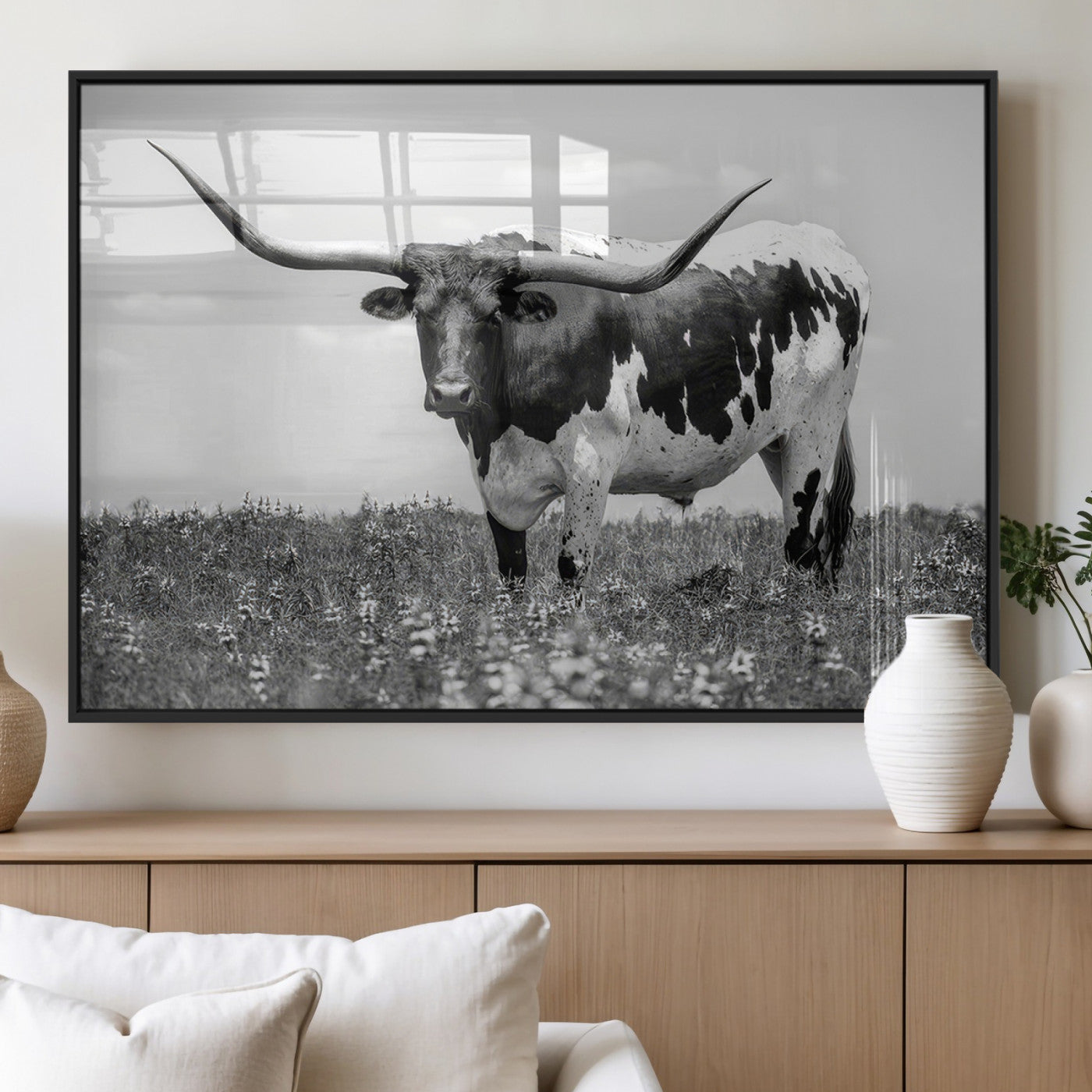 94709-MGV-FP-36X24-3P_Black-Texas Black White Highland Longhorn Cow Wall Art Canvas Print