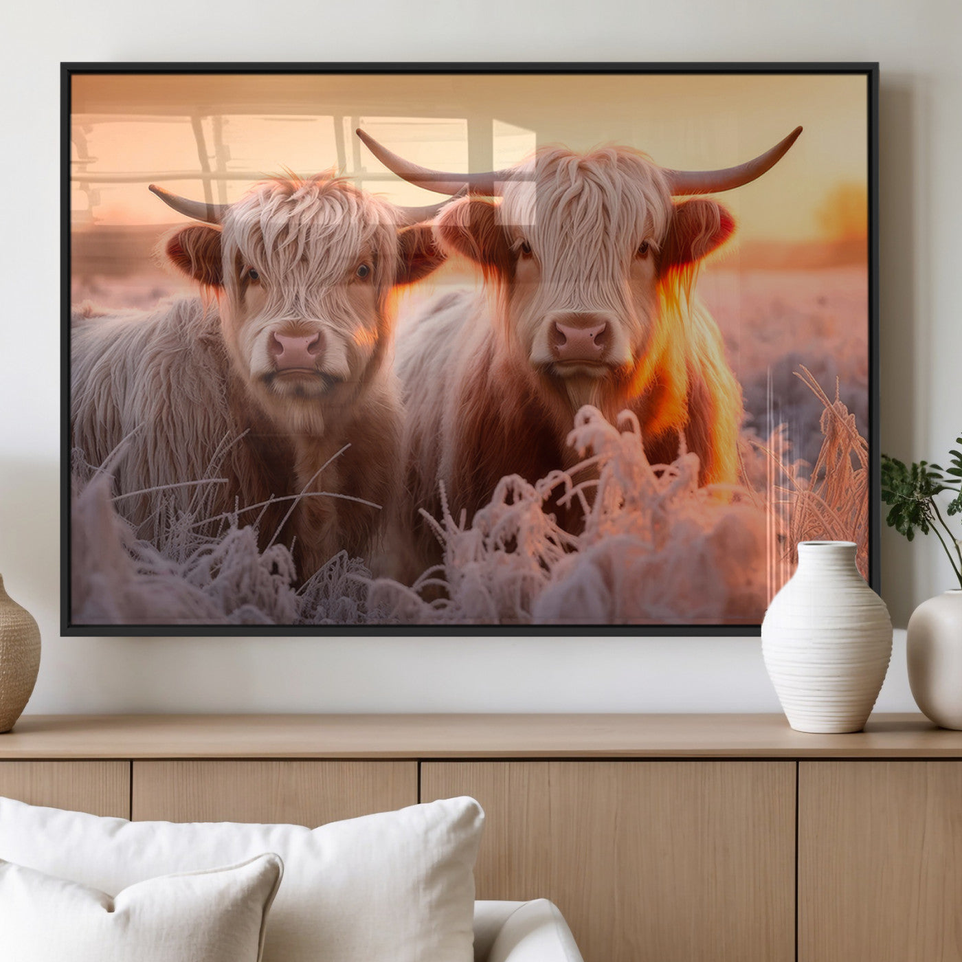 68253-MGV-FP-36X24-3P_Black-Highland Cows at Sunrise Wall Art Canvas Set – Serene and Rustic Farmhouse Decor