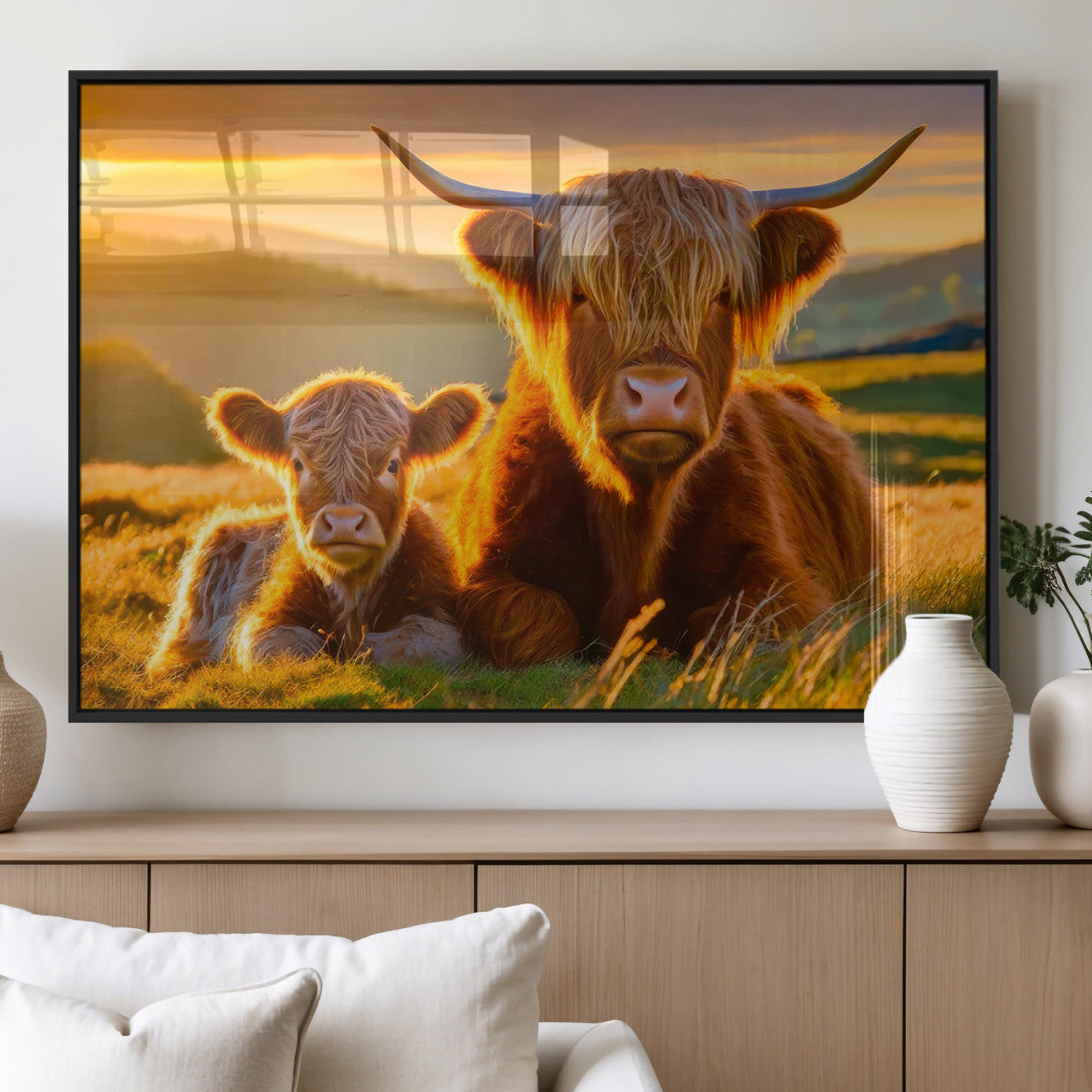 20567-MGV-FP-36X24-3P_Black-Scottish Cow and Baby Cow Canvas Wall Art Animal Print Fluffy Cattle Framed Farmhouse Decor