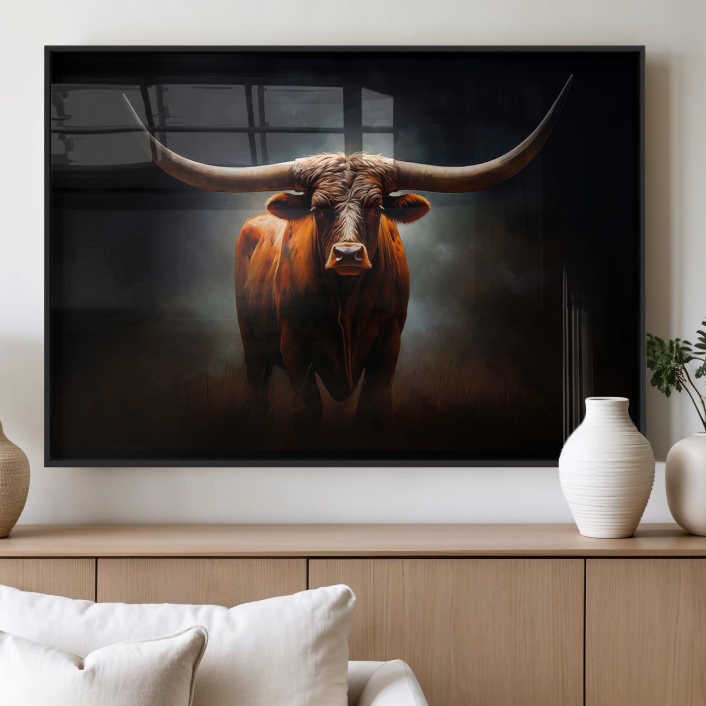 MGV-FP-36X24-3P - Abstract Texas Longhorn Wall Art Print | 3-Panel Large Texas Longhorn Canvas Print for Living Room,