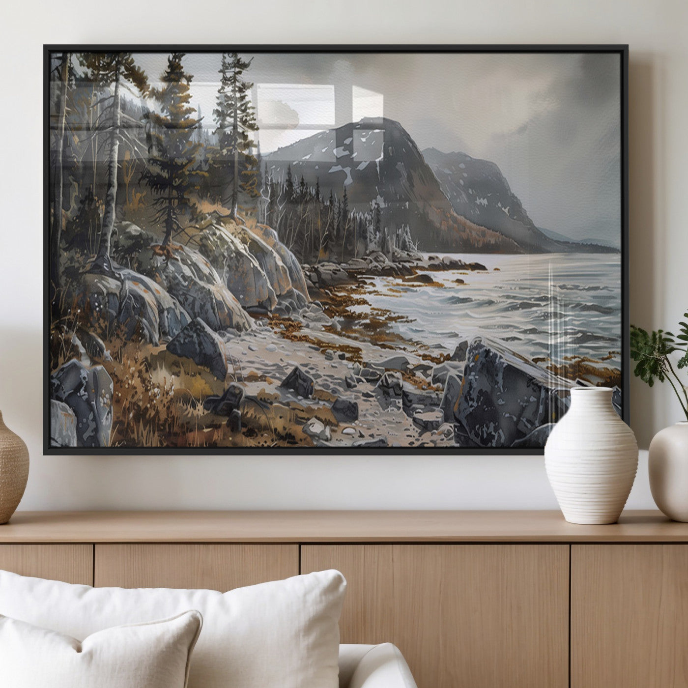41281-MGV-FP-36X24-3P_Black-Serene Coastal View of Acadia National Park - Stunning 3-Panel Wall Art Canvas Print, Framed, Ready