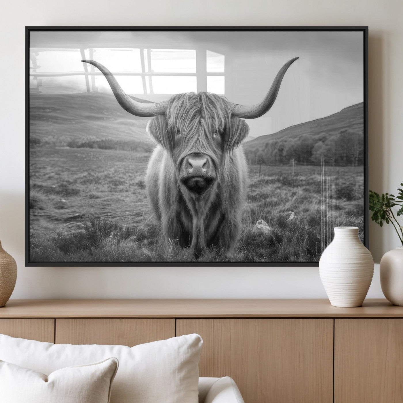 MGV-FP-60X30-3P - Black White Scottish Highland Cow Canvas Farm Wall Art Canvas Print