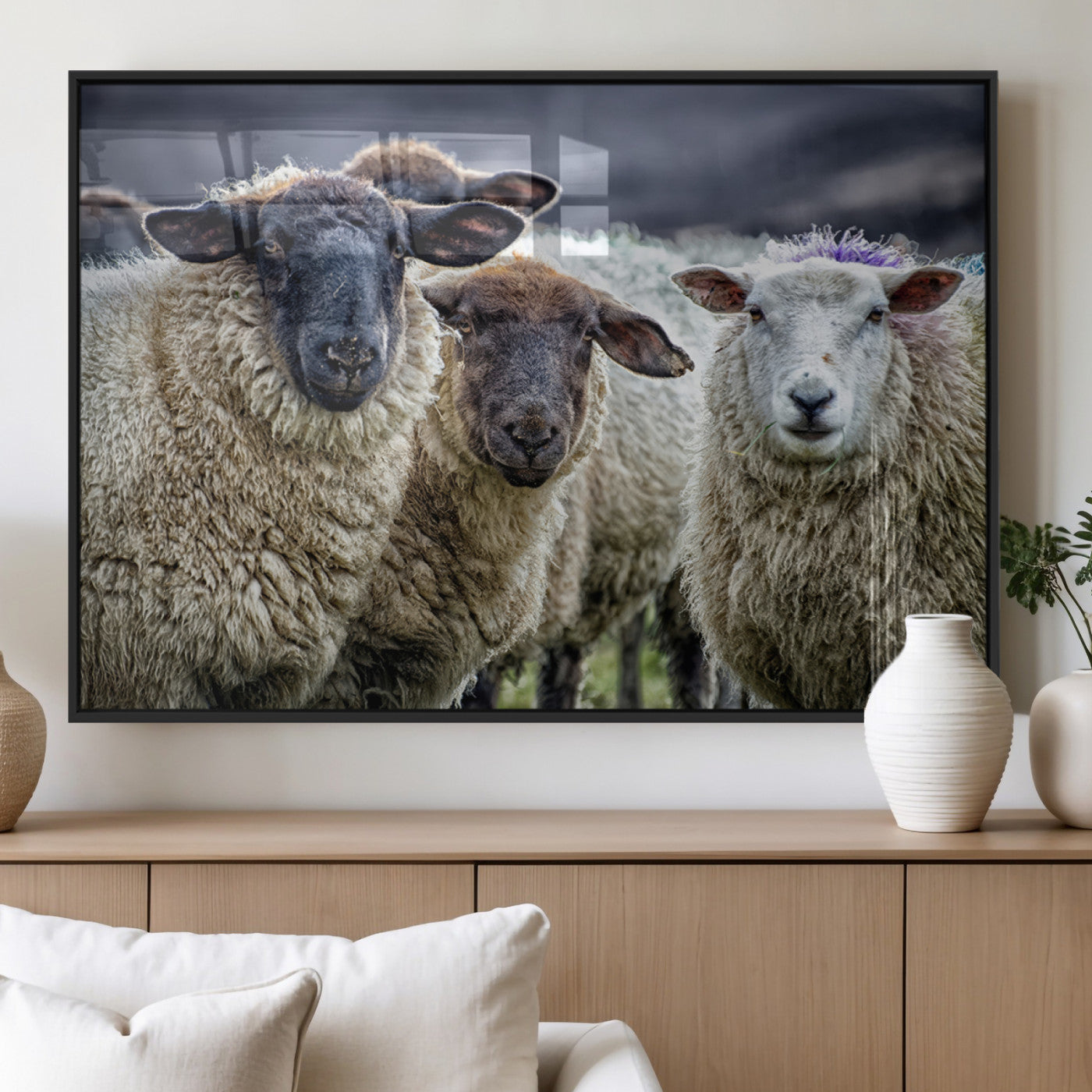 18418-MGV-FP-36X24-3P_Black-Charming Sheep Portrait Wall Art – Trio of Woolly Companions Canvas Print, Framed, Ready to Hang