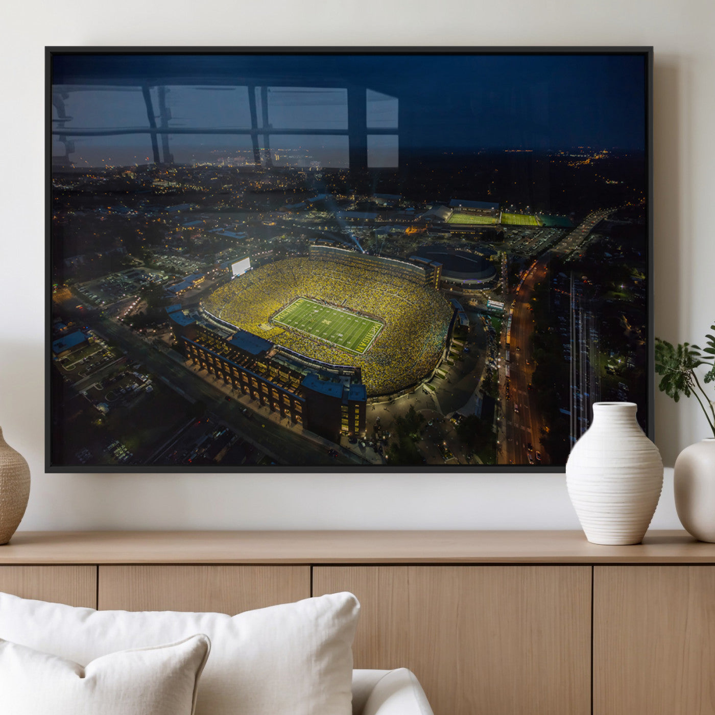 33588-MGV-FP-36X24-3P_Black-Michigan Stadium Night Game Wall Art – Sports Arena Aerial View Canvas Print, Framed, Ready to Hang