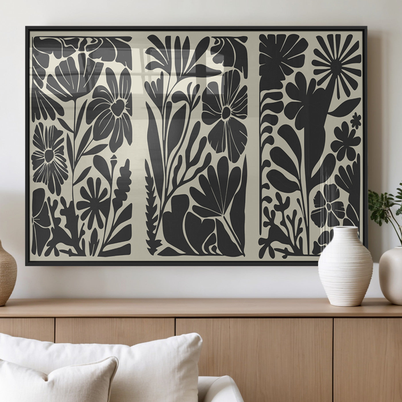 MGV-FP-36X24-3P - Modern Botanical Wall Art - Floral Black and White Canvas Print, Framed, Ready to Hang