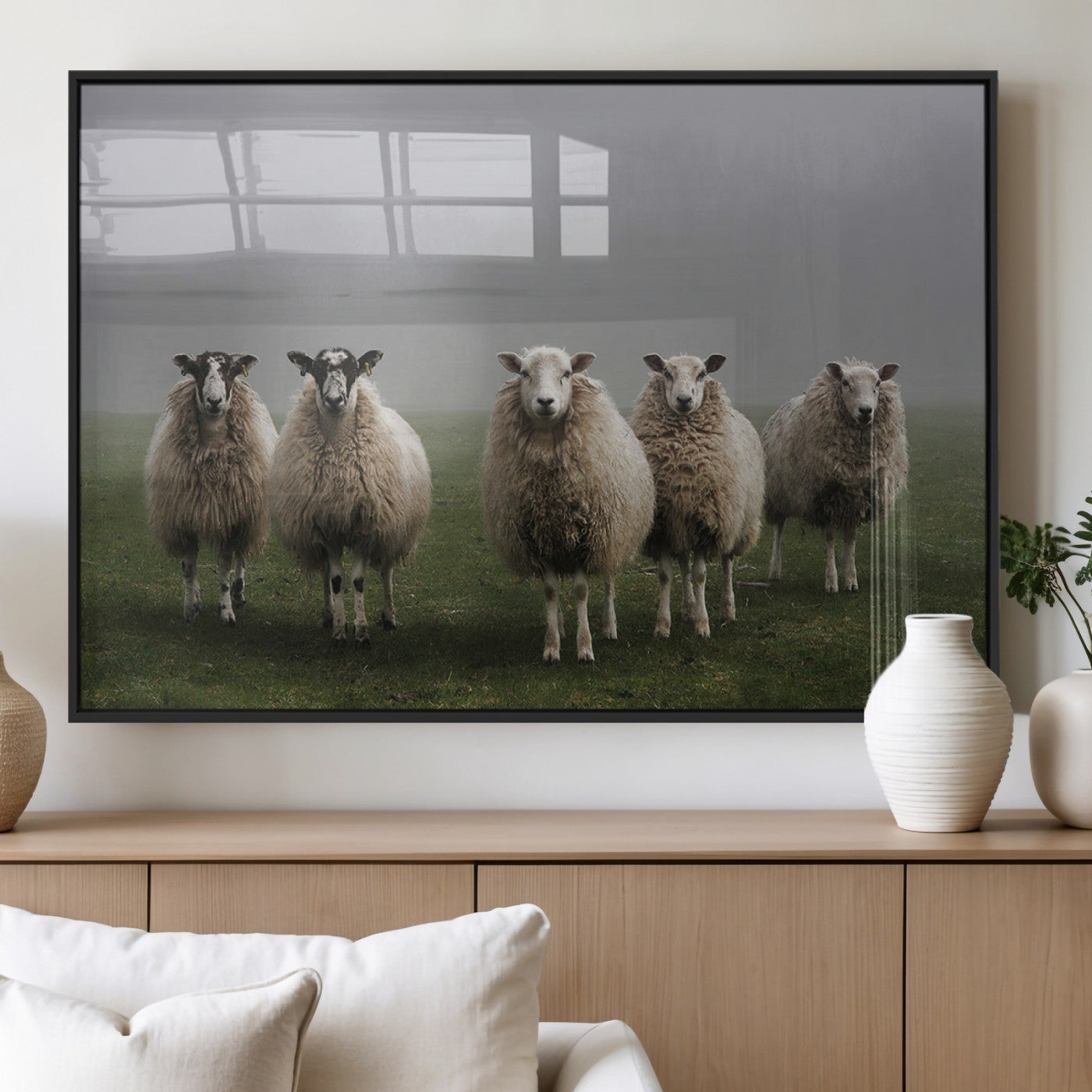 87339-MGV-FP-36X24-3P_Black-Flock of Sheep in a Mystical Fog – Pastoral Wall Art Canvas Print, Framed, Ready to Hang