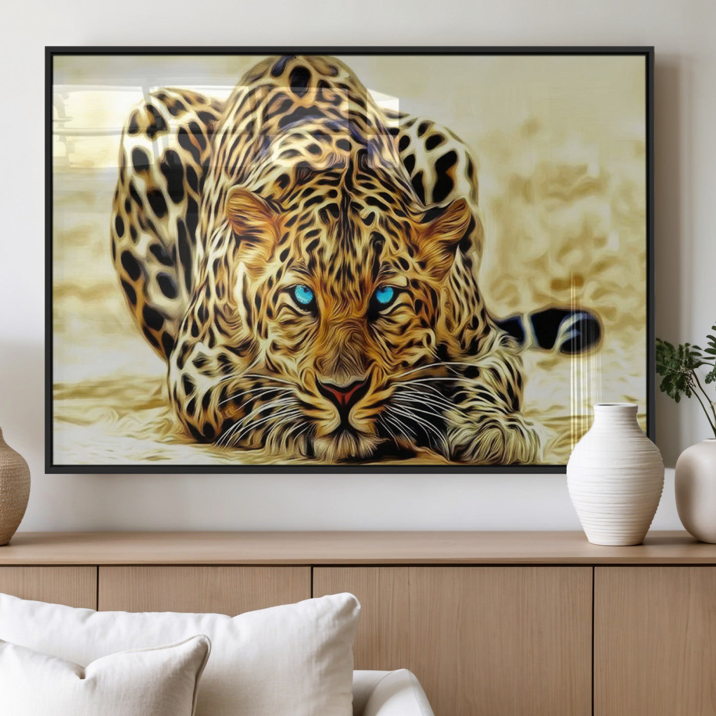 45281-MGV-FP-36X24-3P_Black-Blue-Eyed Leopard Canvas Wall Art - Framed Animal Print Ready to Hang - Fierce and Bold Decor for