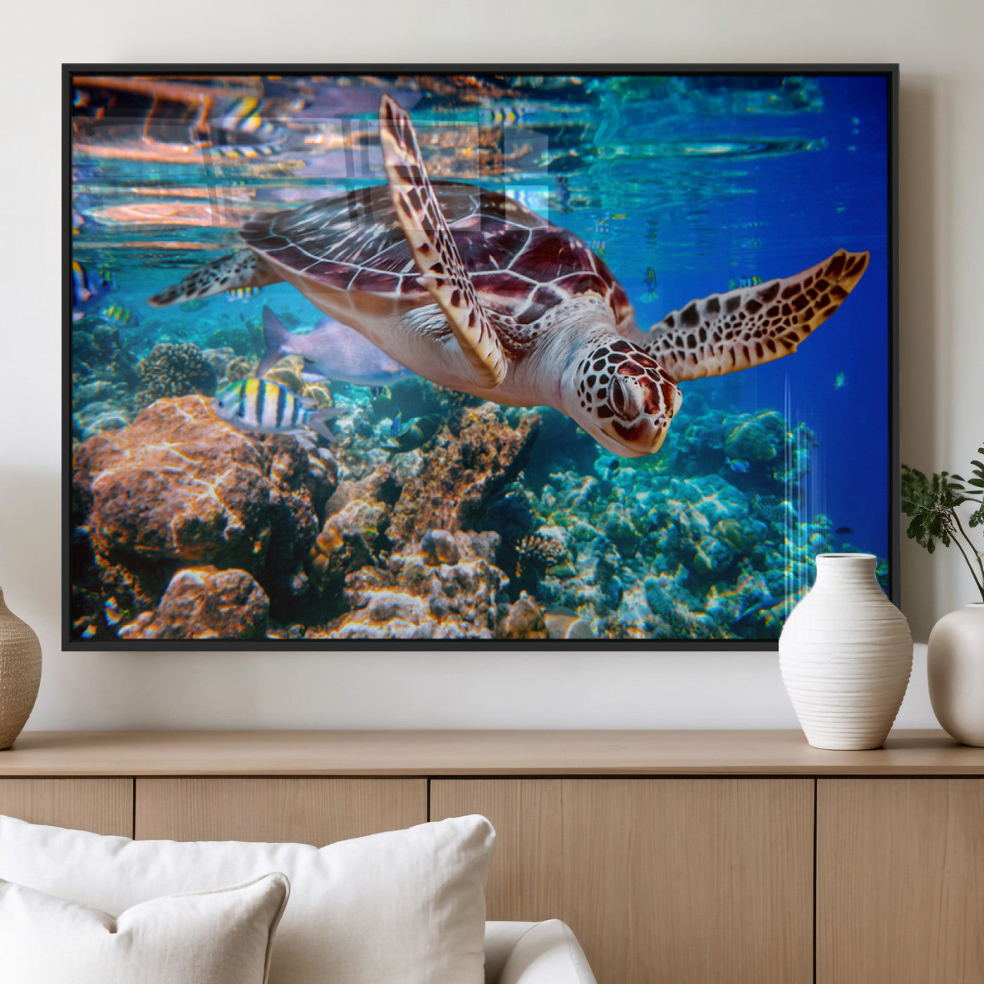 MGV-FP-36X24-3P - Underwater Coral Reef Sea Turtle Wall Art Canvas Print, Vibrant Marine Life | Colorful Ocean Scene