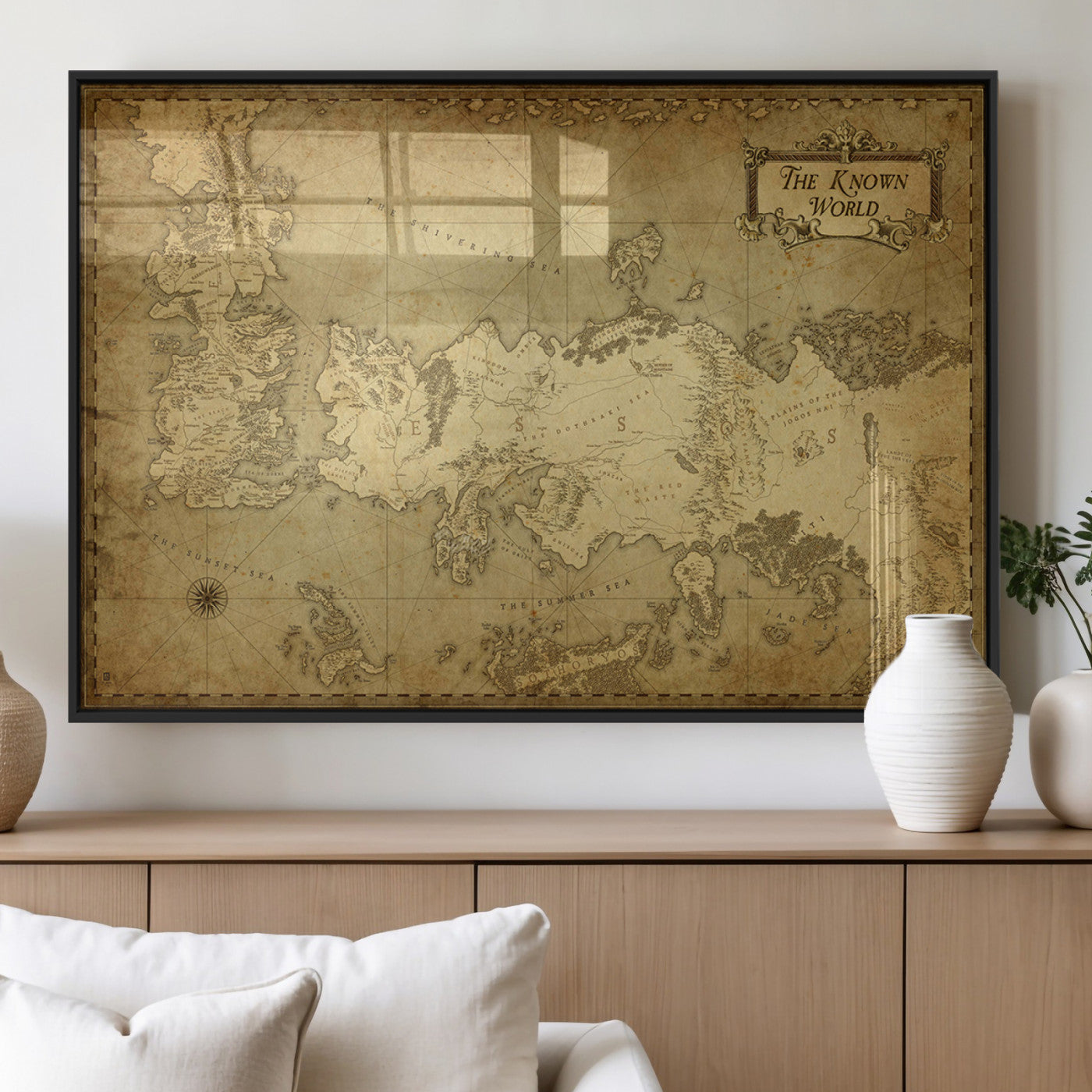 MGV-FP-36X24-3P - Vintage Game of Thrones Map Wall Art | Westeros and Essos Antique Style Print | The Known World in Triptych Canvas | Giclee Canvas for Fantasy Lovers