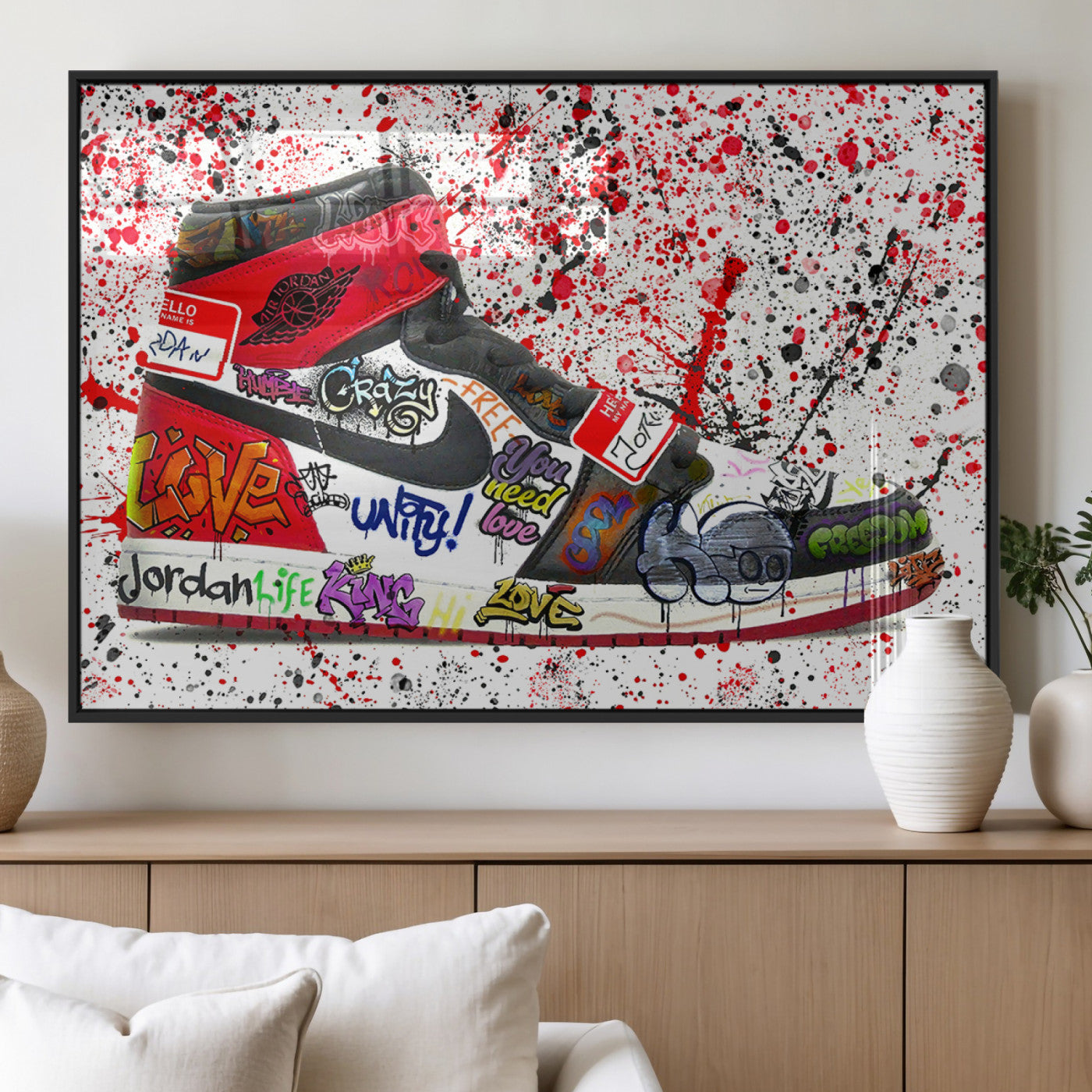 MGV-FP-36X24-3P - Jordan Shoes Graffiti Wall Art Canvas Print- Jordan Graffiti Canvas Wall Art - Framed Perfect for Sneaker heads and Urban Art Lovers