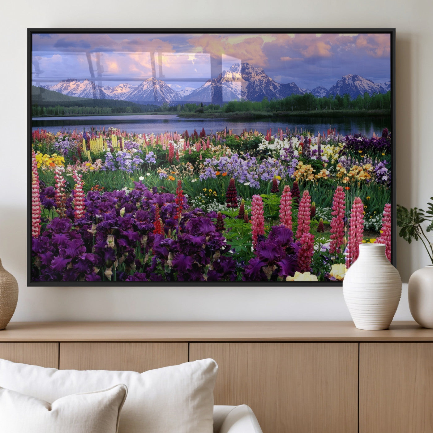 MGV-FP-36X24-3P - Vibrant Wildflower Garden and Mountain View Giclee Canvas Print | Floral Wall Art for Living Room