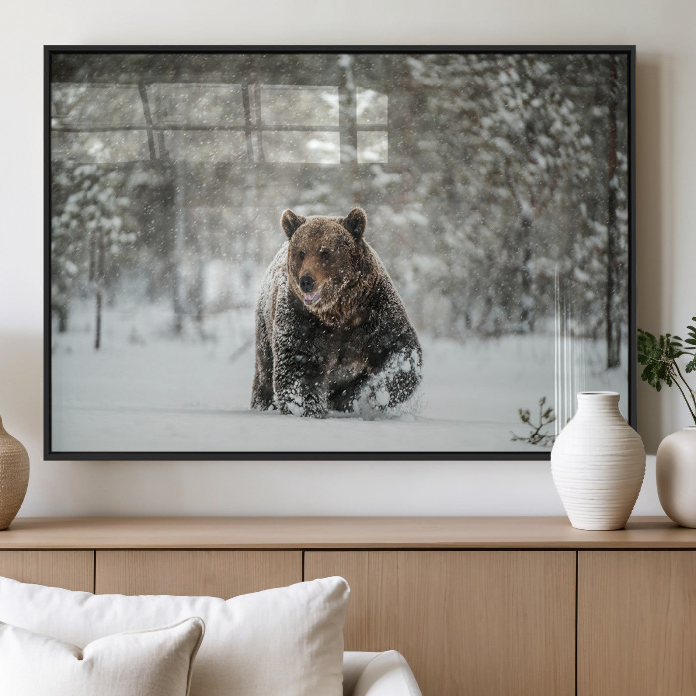 MGV-FP-36X24-3P - Wall Art Canvas Print – Grizzly Bear in Snowy Forest Powerful Presence Snowy Wilderness Wild Beauty