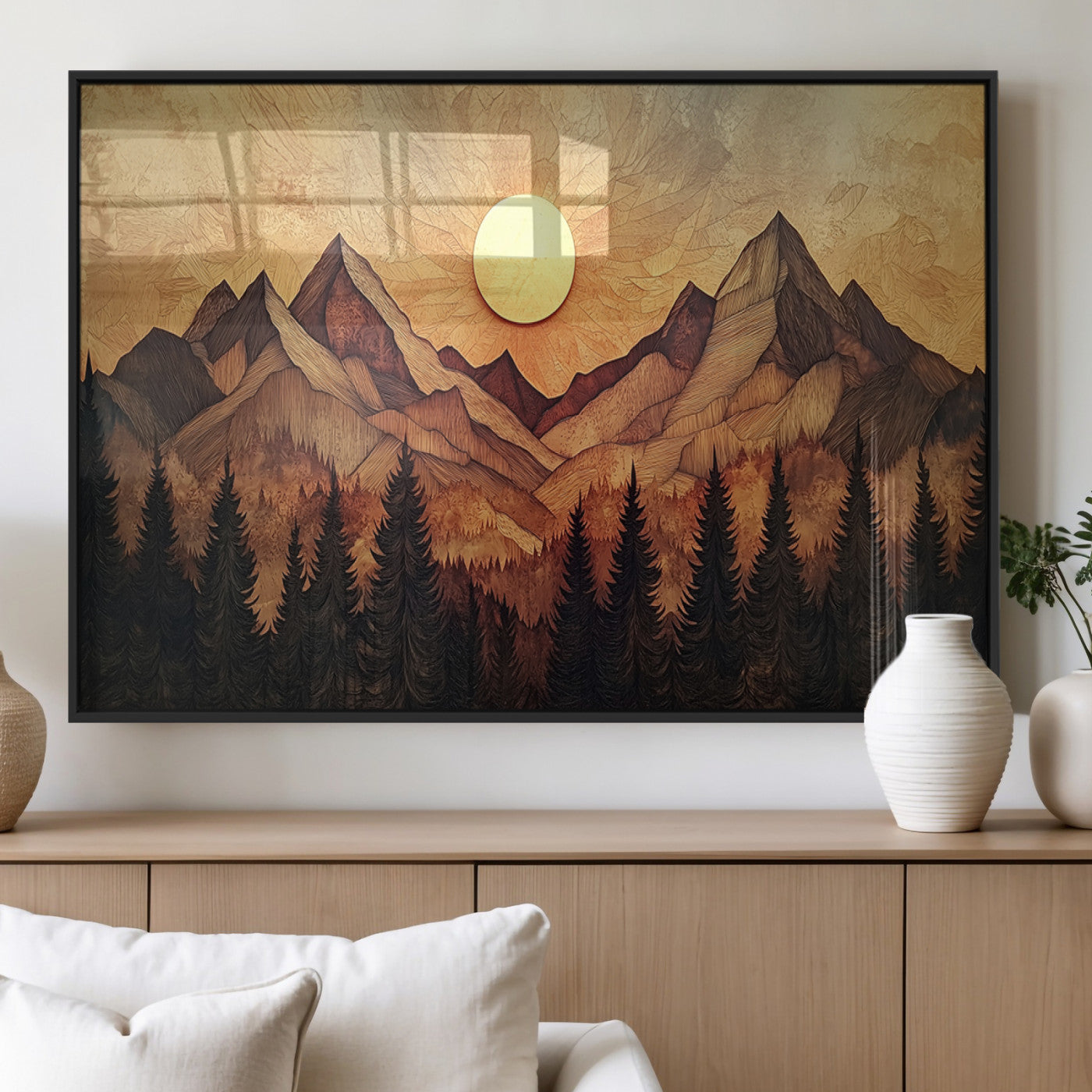 MGV-FP-60X30-3P - Wood Style Abstract Mountain Sunset Canvas Wall Art Print - Warm Earth Nature-Inspired Decor for