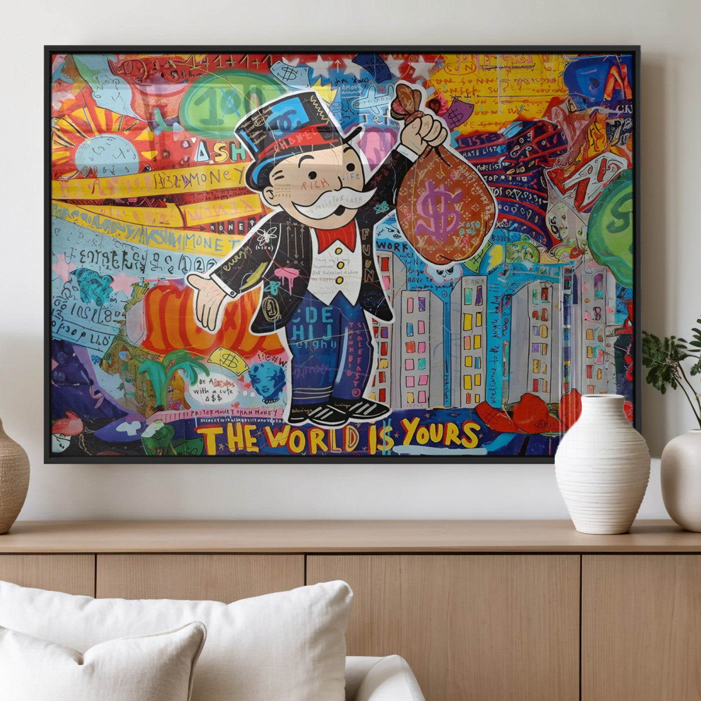 MGV-FP-60X30-3P - Pop Art Monopoly Man Canvas Wall Art Print - Bold and Colorful Street Art-Inspired Decor for Living