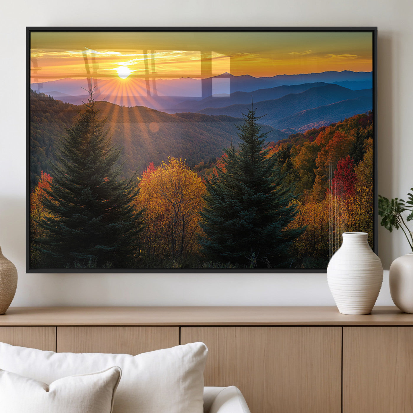 MGV-FP-60X30-3P - Golden Sunset Over Mountain Forest Canvas Wall Art Print - Warm Nature-Inspired Landscape for Living