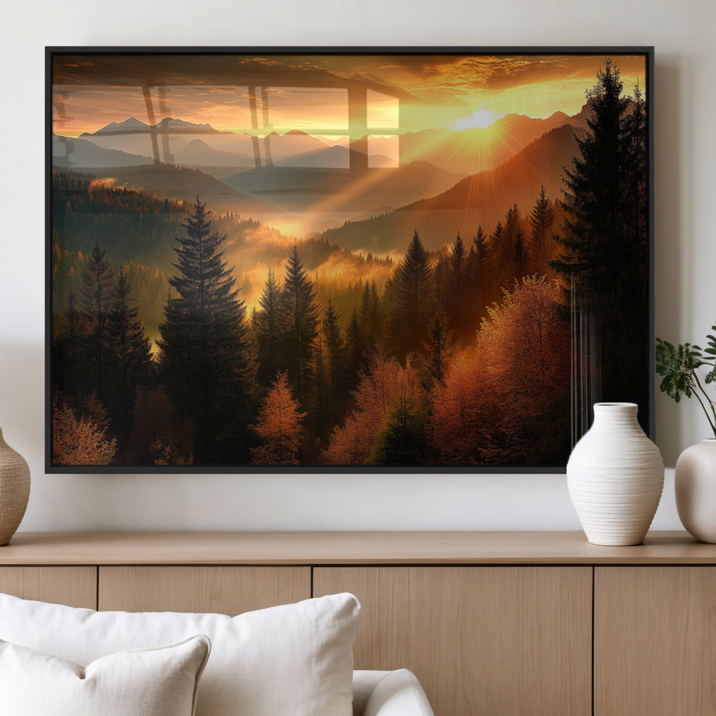 MGV-FP-60X30-3P - Golden Sunset Over Mountain Forest Canvas Wall Art Print - Warm Nature Landscape Print