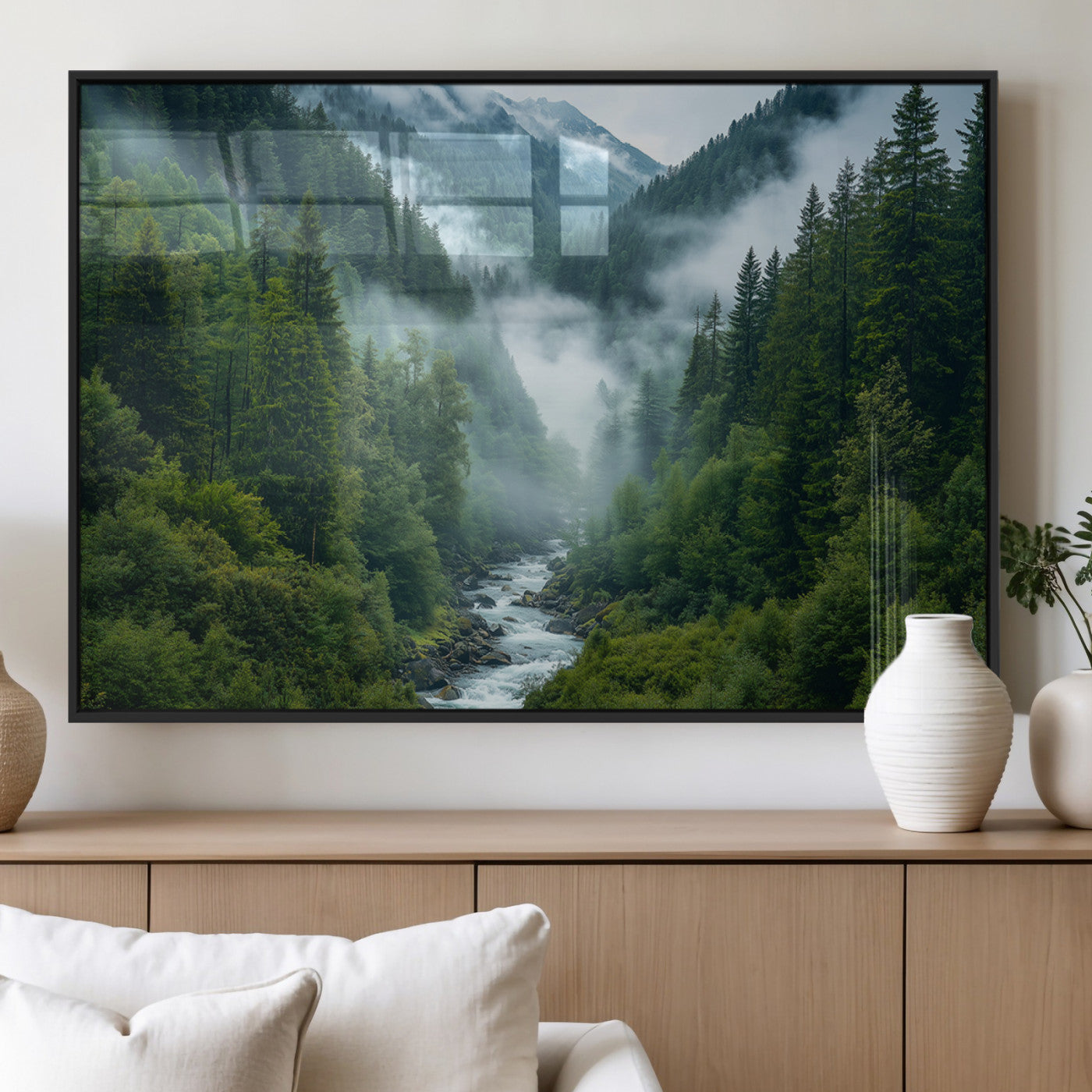 MGV-FP-60X30-3P - Mountain Forest River Canvas Wall Art Print - Serene Nature Landscape for Living Room, Office, or