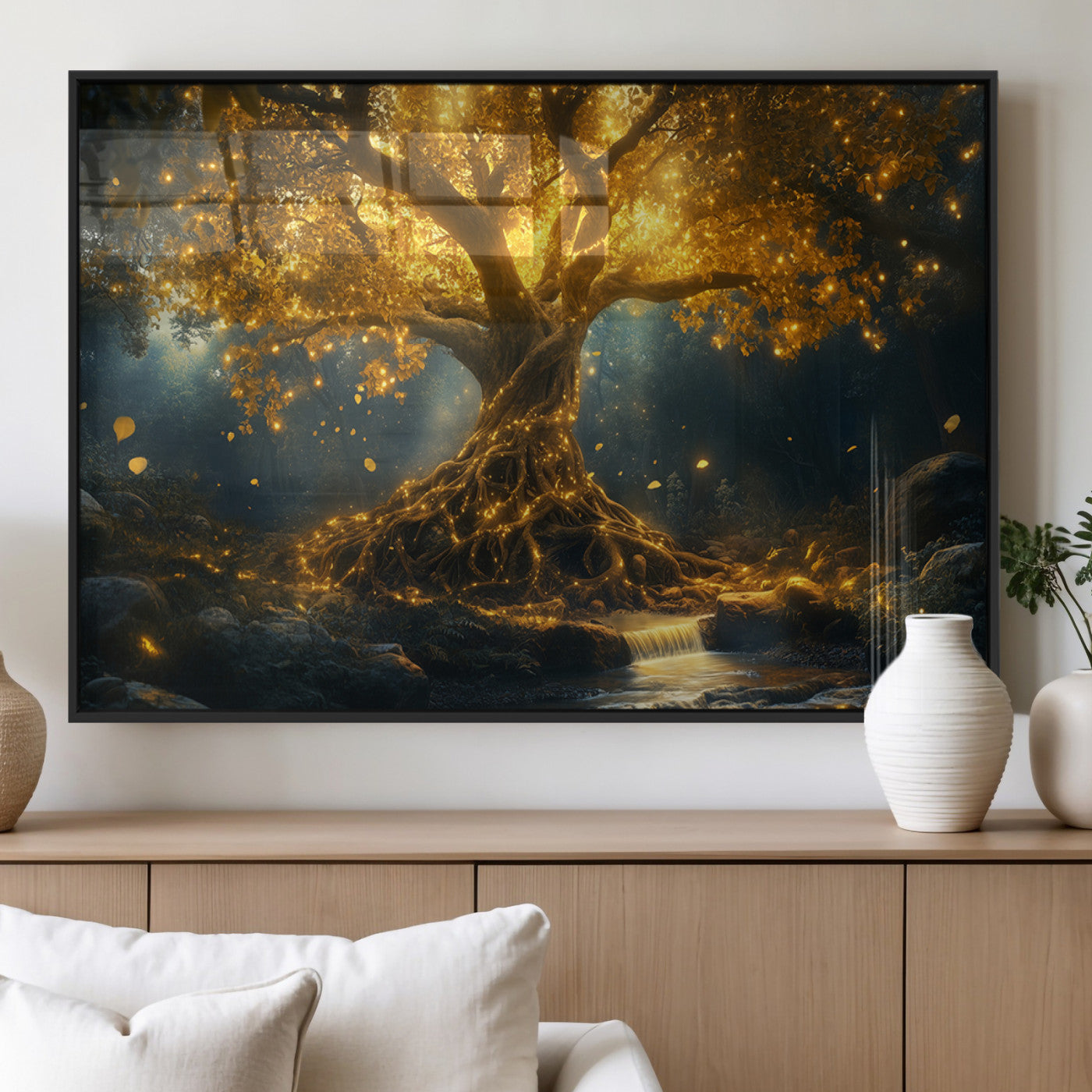MGV-FP-60X30-3P - Golden Tree of Life Canvas Wall Art Print - Majestic Glowing Tree Wall Art Print