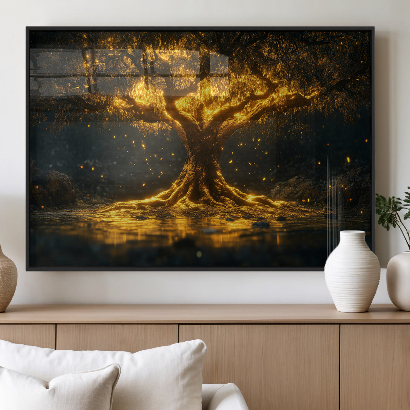 MGV-FP-36X24-3P - Golden Tree of Life Canvas Wall Art Print - Majestic Glowing Tree Wall Art Print
