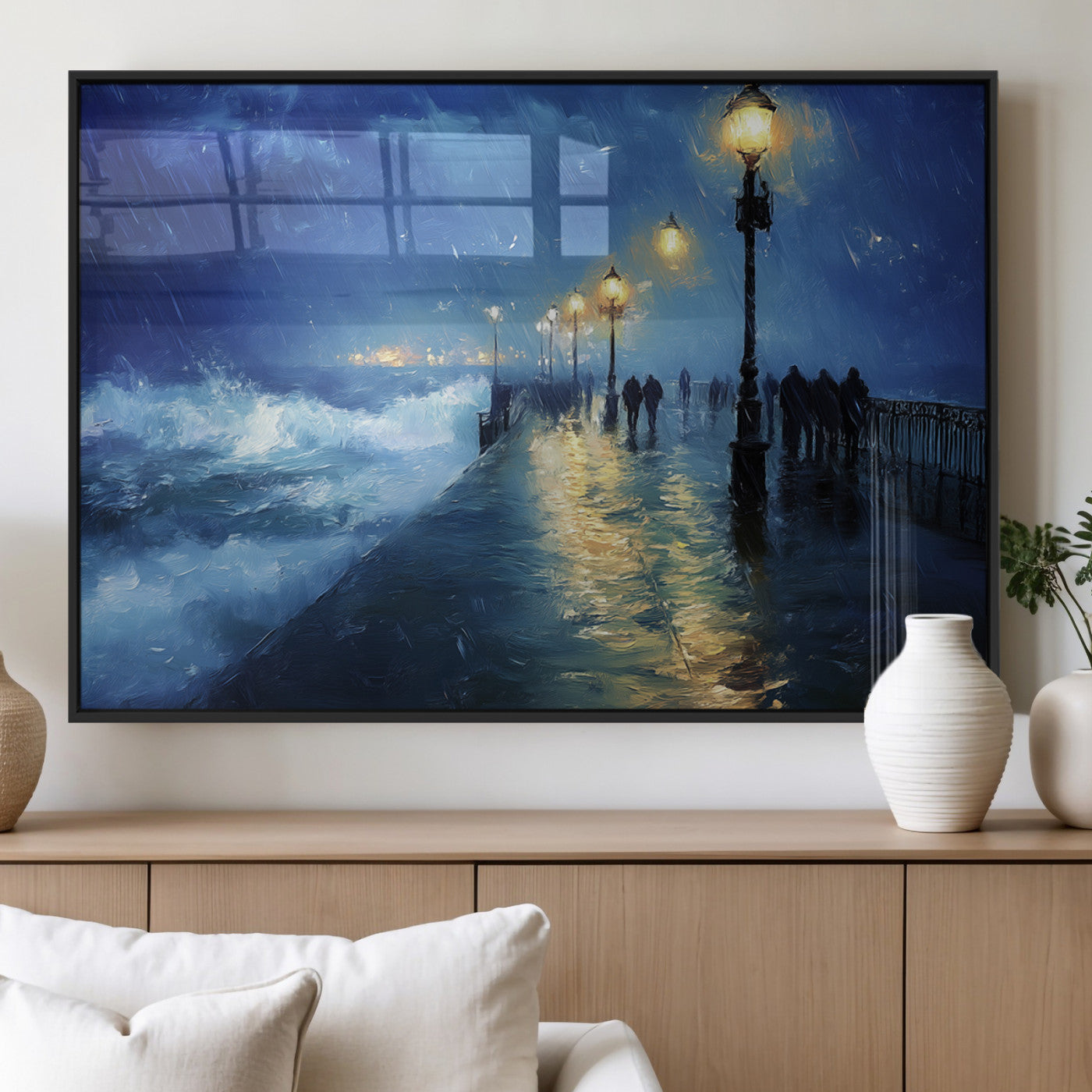 MGV-FP-36X24-3P - Abstract Stormy Ocean Pier Canvas Wall Art Print | Stormy Ocean Art | Large Moody Night Scene Print,