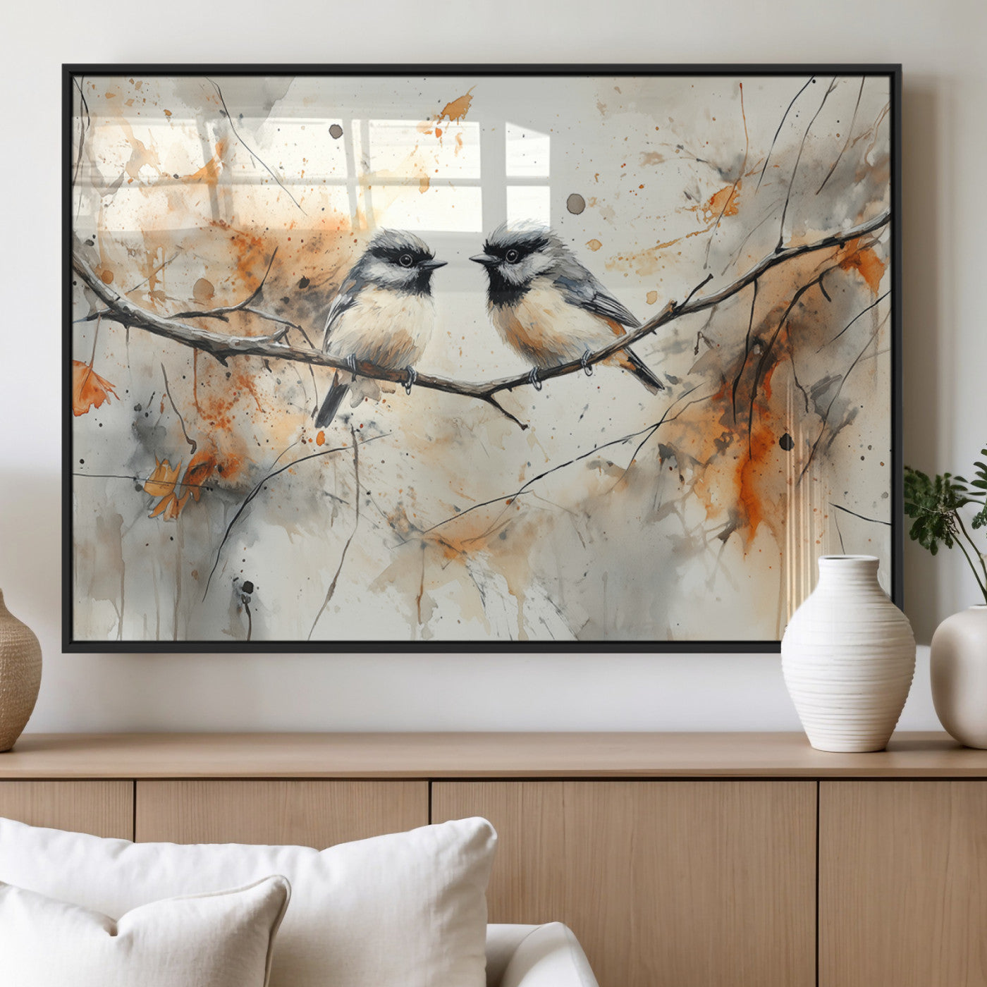 MGV-FP-60X30-3P - Abstract Watercolor Chickadee Bird Canvas Wall Art Print - Large Bird and Branch Wall Art, Modern