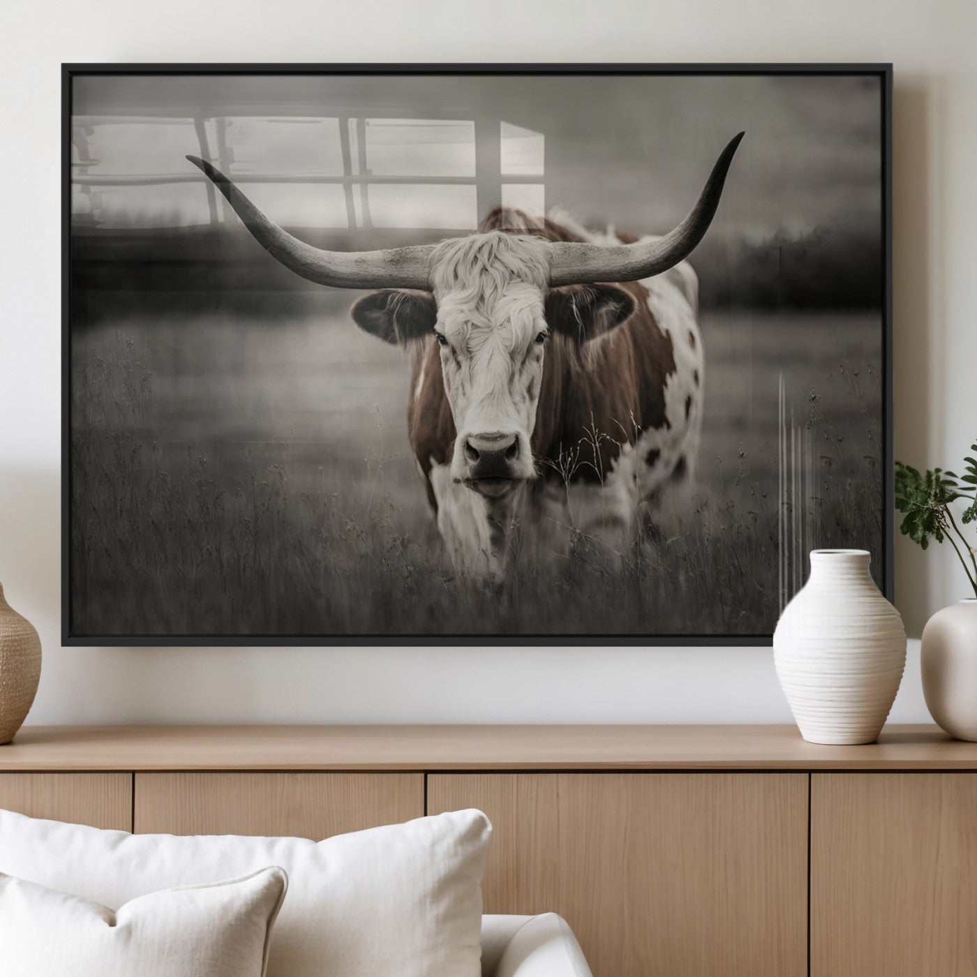 MGV-FP-60X30-3P - Texas Longhorn Cow Canvas Wall Art Print - Large Rustic Longhorn Art for Living Room, Western Wall