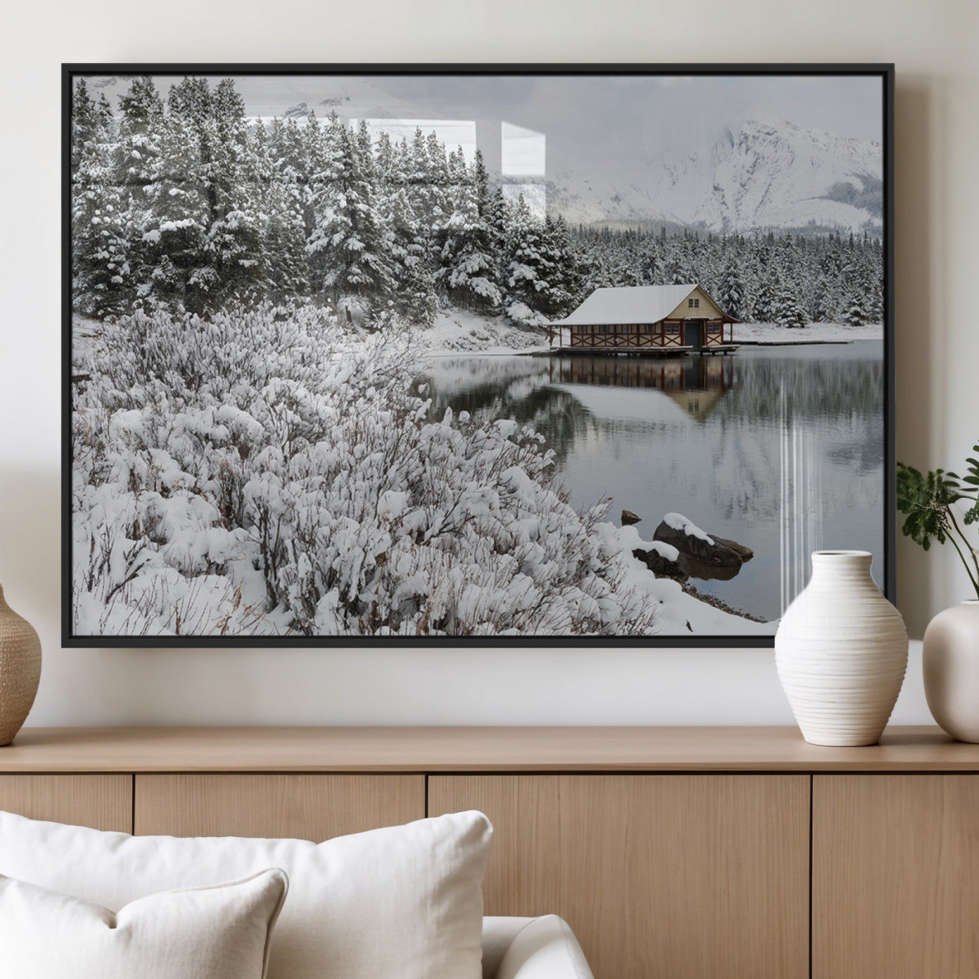MGV-FP-60X30-3P - Winter Wall Art - Cabin by the Lake Canvas Wall Art - Serene Snowy Landscape with Mountain View,