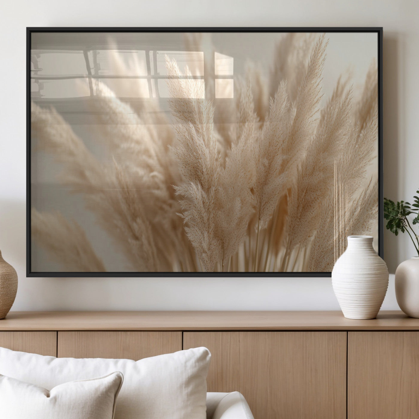MGV-FP-60X30-3P - Pampas Grass Canvas Wall Art - Elegant Neutral Decor for Living Room, Boho Minimalist Artwork, Ready